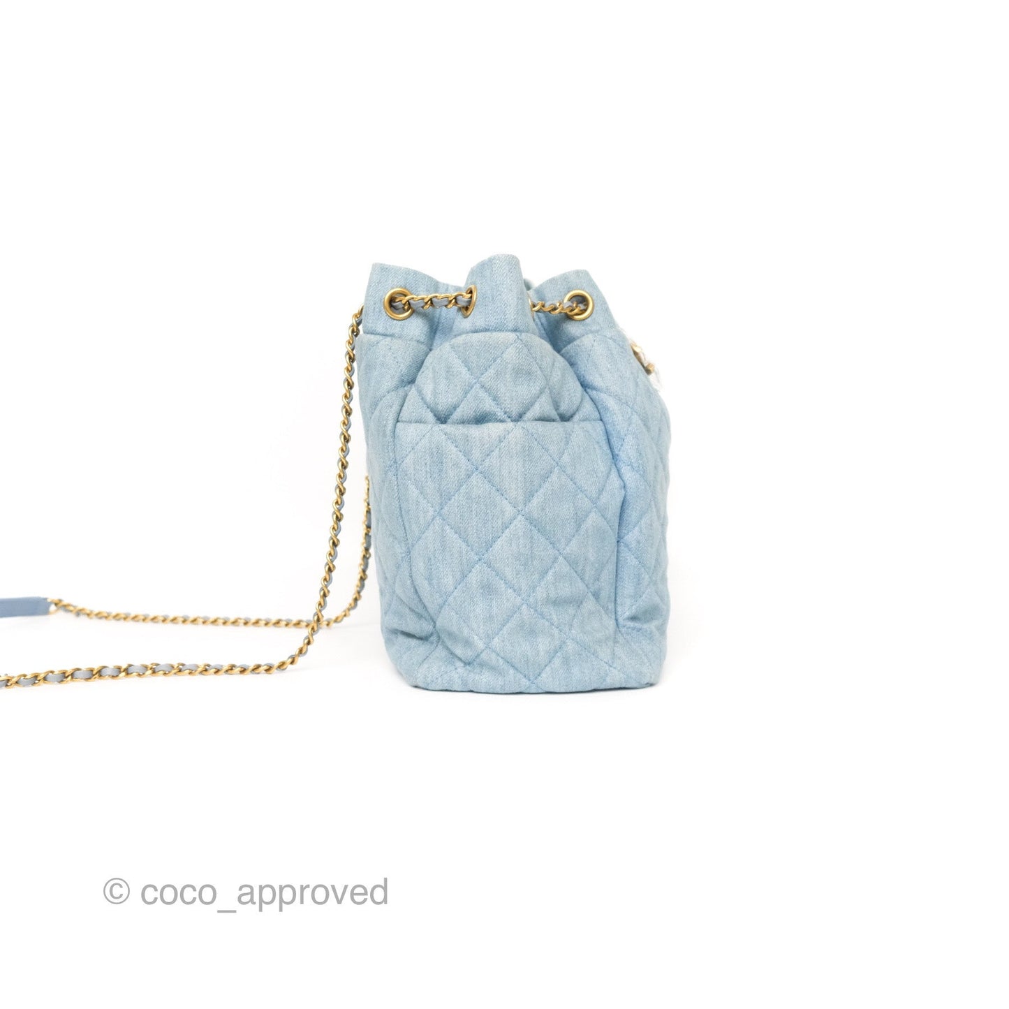 Chanel Drawstring Bucket Bag Denim Blue Aged Gold Hardware