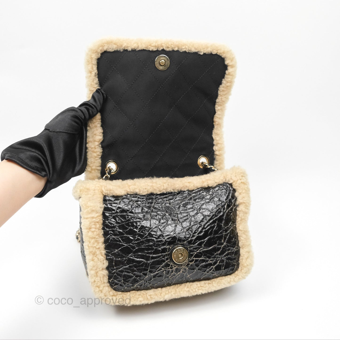 Chanel Mania CC Shearling Flap Bag Black Crumpled Glazed Sheepskin