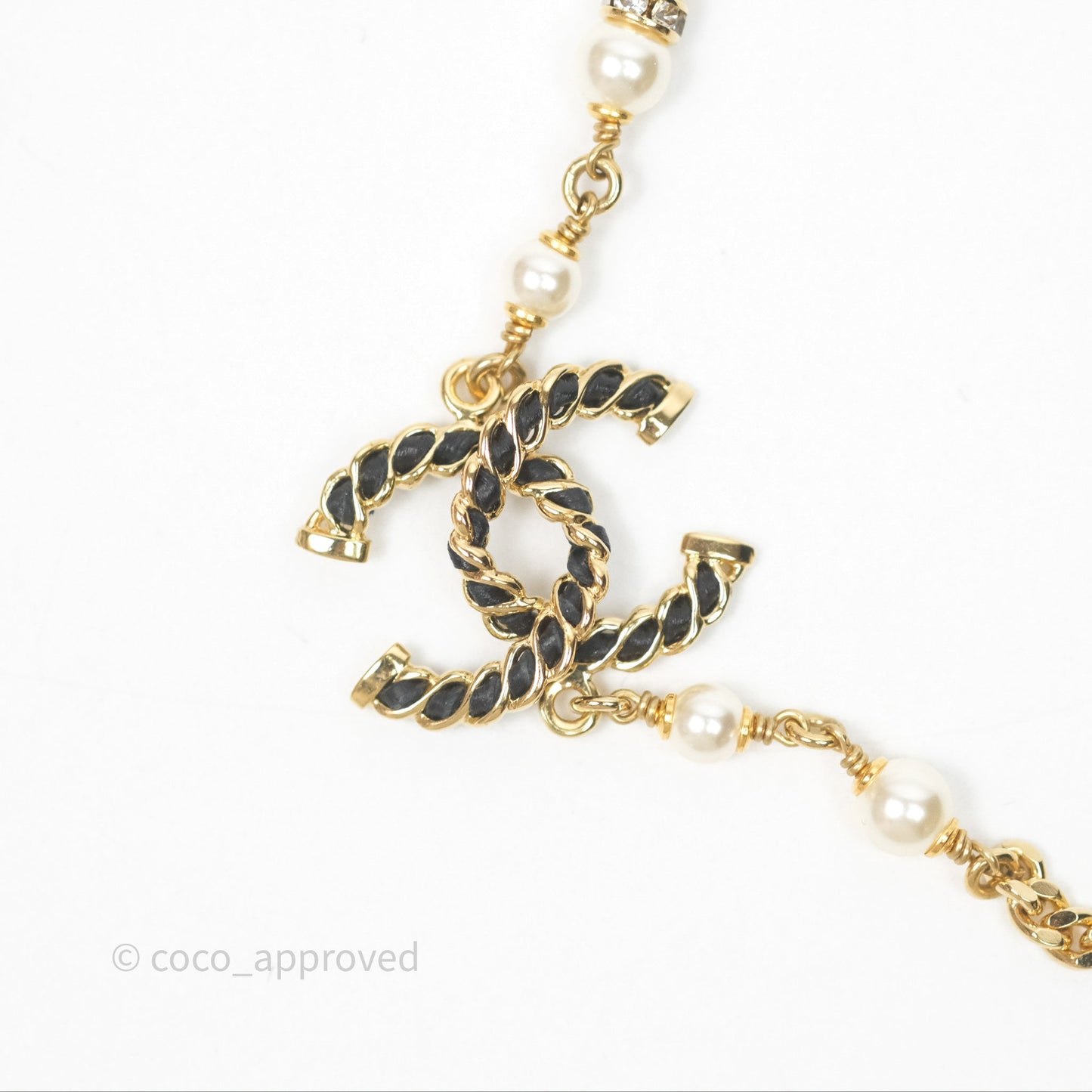 Chanel Black Leather CC Pearl Crystal Necklace Gold Tone 24K