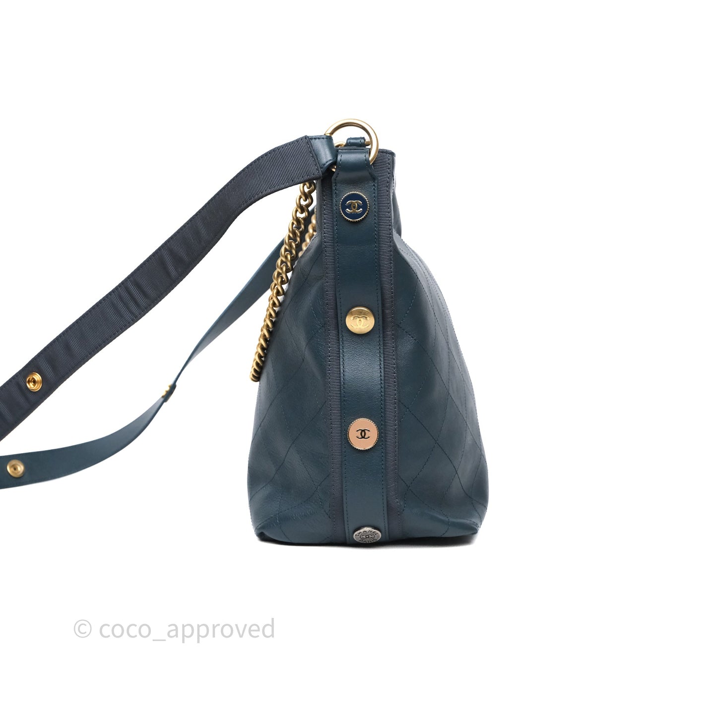 Chanel Button Up Hobo Bag Quilted Teal Calfskin Aged Gold Hardware