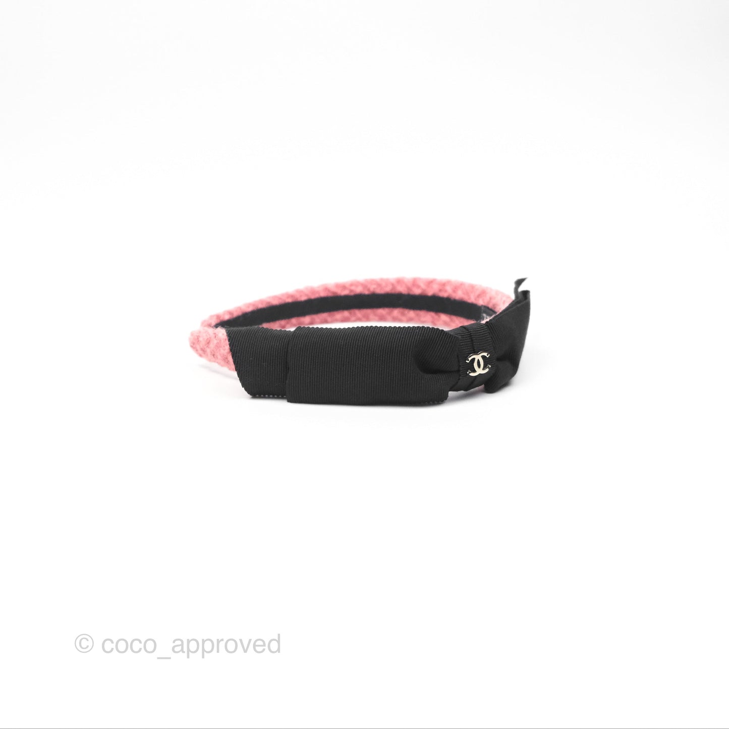 Chanel Black CC Silk Ribbon Bow Tweed Hair Band Pink 22B