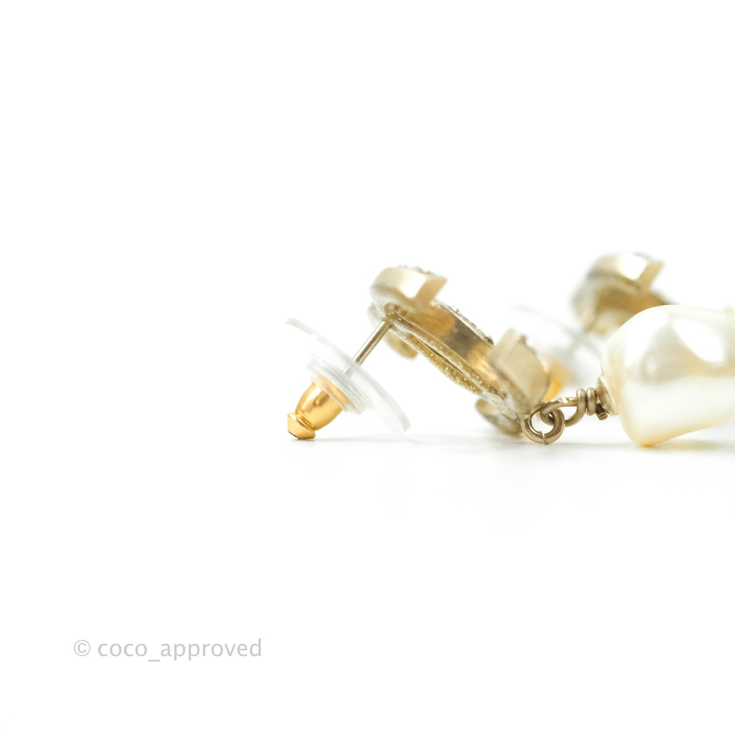 Chanel CC Crystal Drop Pearl Earrings Gold Tone 12A