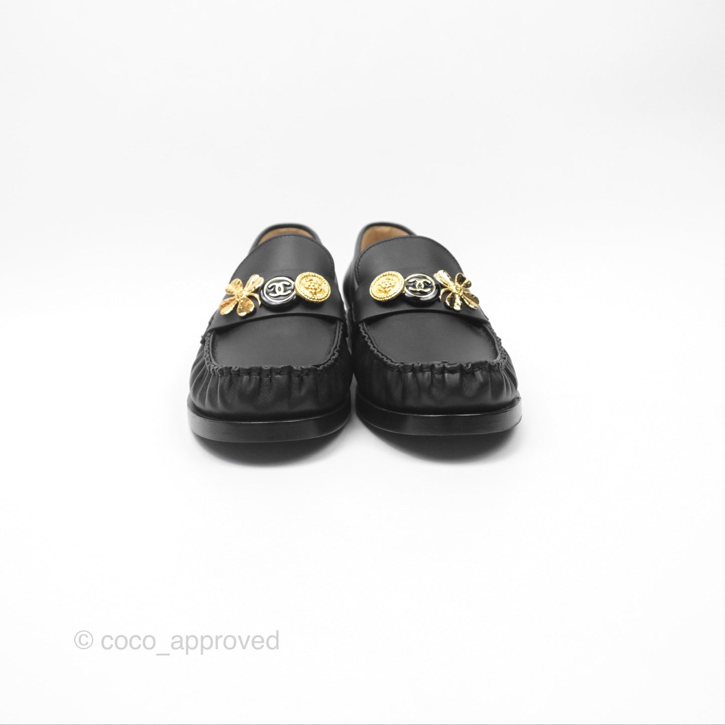 Chanel Loafers Black Leather CC Clover Camellia 23S Size 37C
