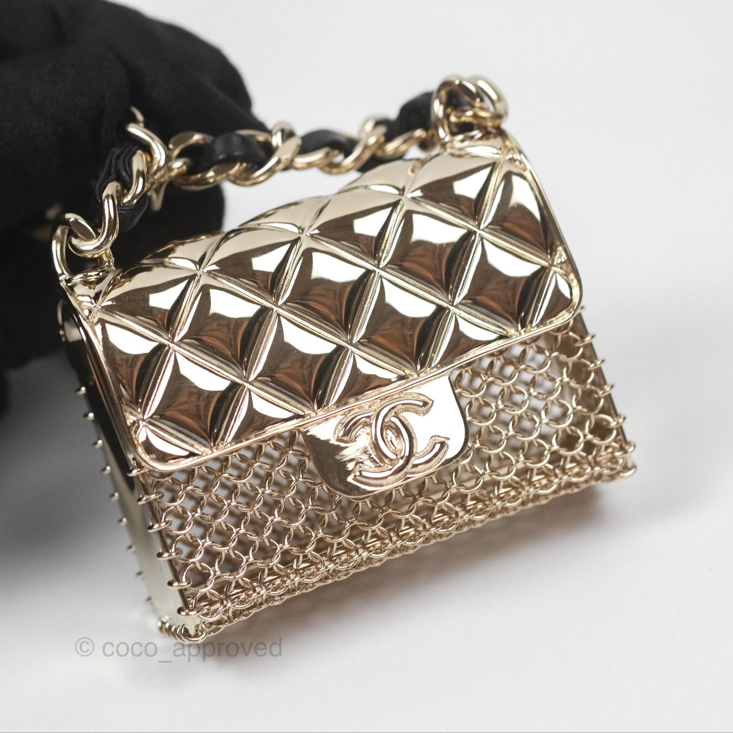 Chanel Flap Bag Charm Black Leather Chain Necklace Gold Tone 21S