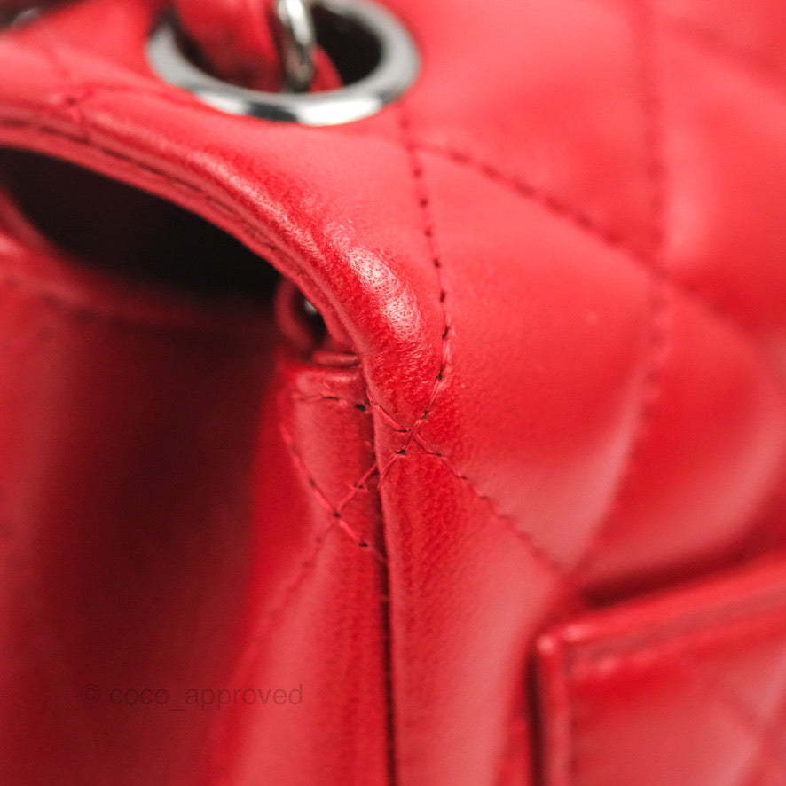 Chanel Quilted Mini Square Red Lambskin Gun Metal