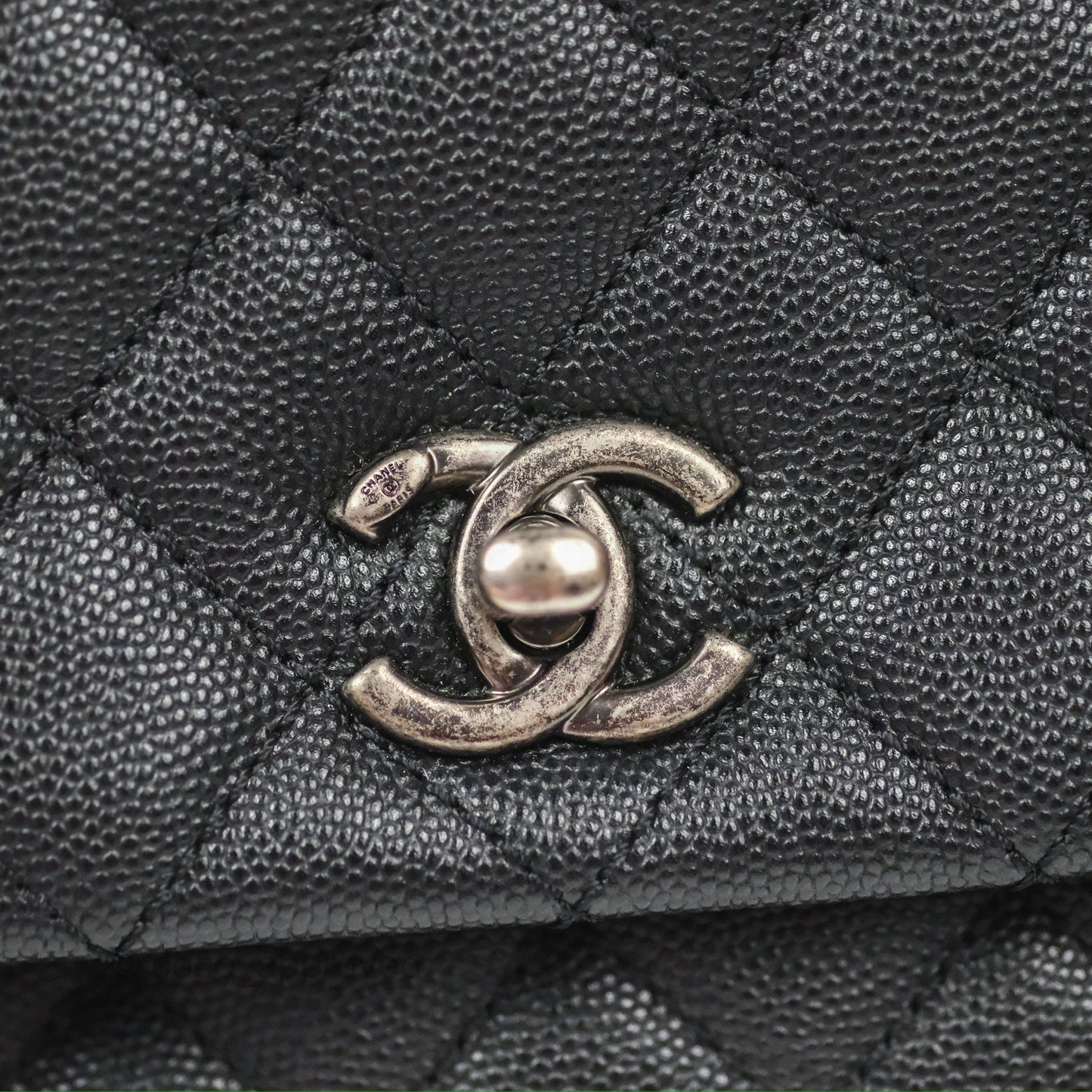 Chanel Small Coco Handle Quilted Black Caviar Ruthenium Hardware Olive Lizard Handle