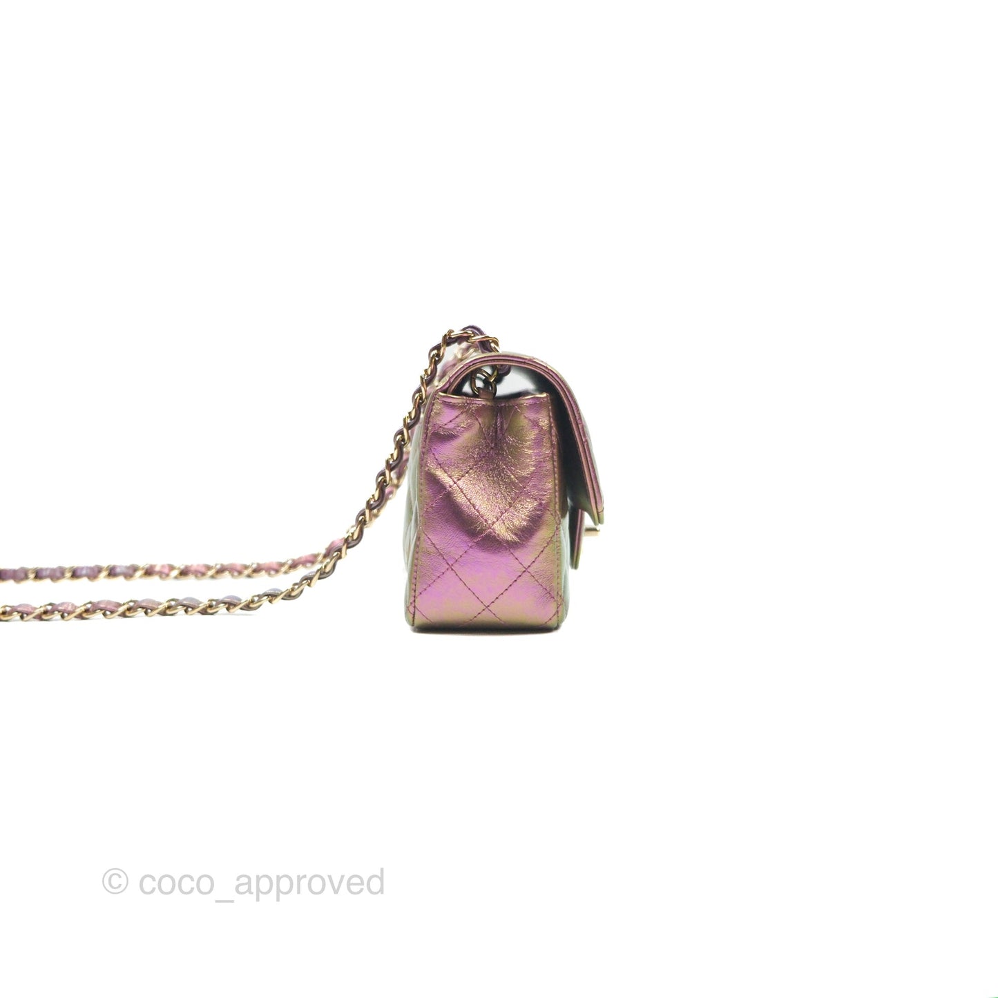 Chanel Classic Quilted Mini Rectangular Flap Metallic Purple Calfskin Gold Hardware