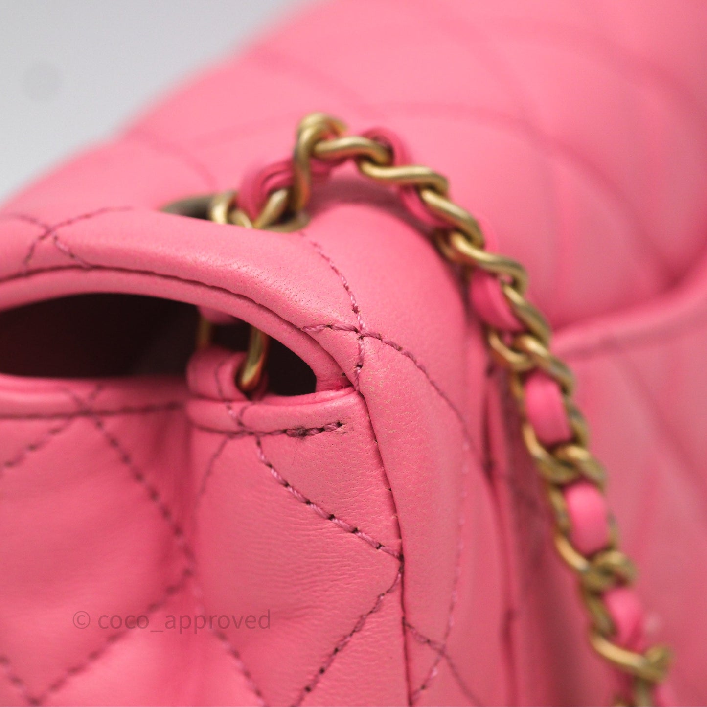 Chanel Mini Rectangular Pearl Crush Quilted Pink Lambskin Aged Gold Hardware