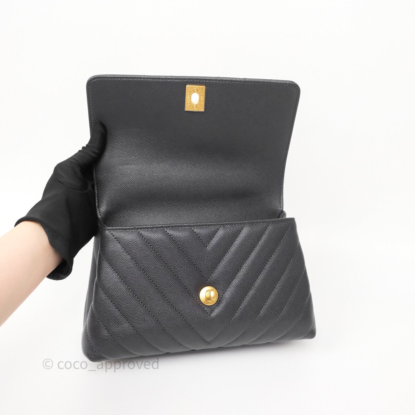 Chanel Small Coco Handle Chevron Dark Grey Caviar Aged Gold Hardware