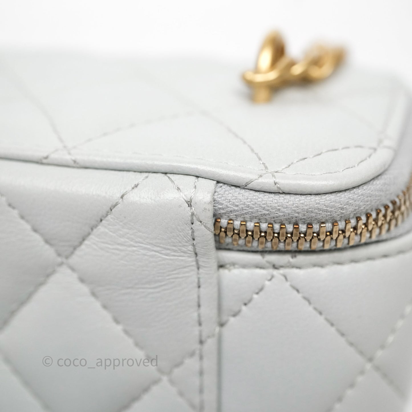 Chanel Quilted Vanity Rectangular with Camellia Adjustable Chain Blue Grey Lambskin Aged Gold Hardware