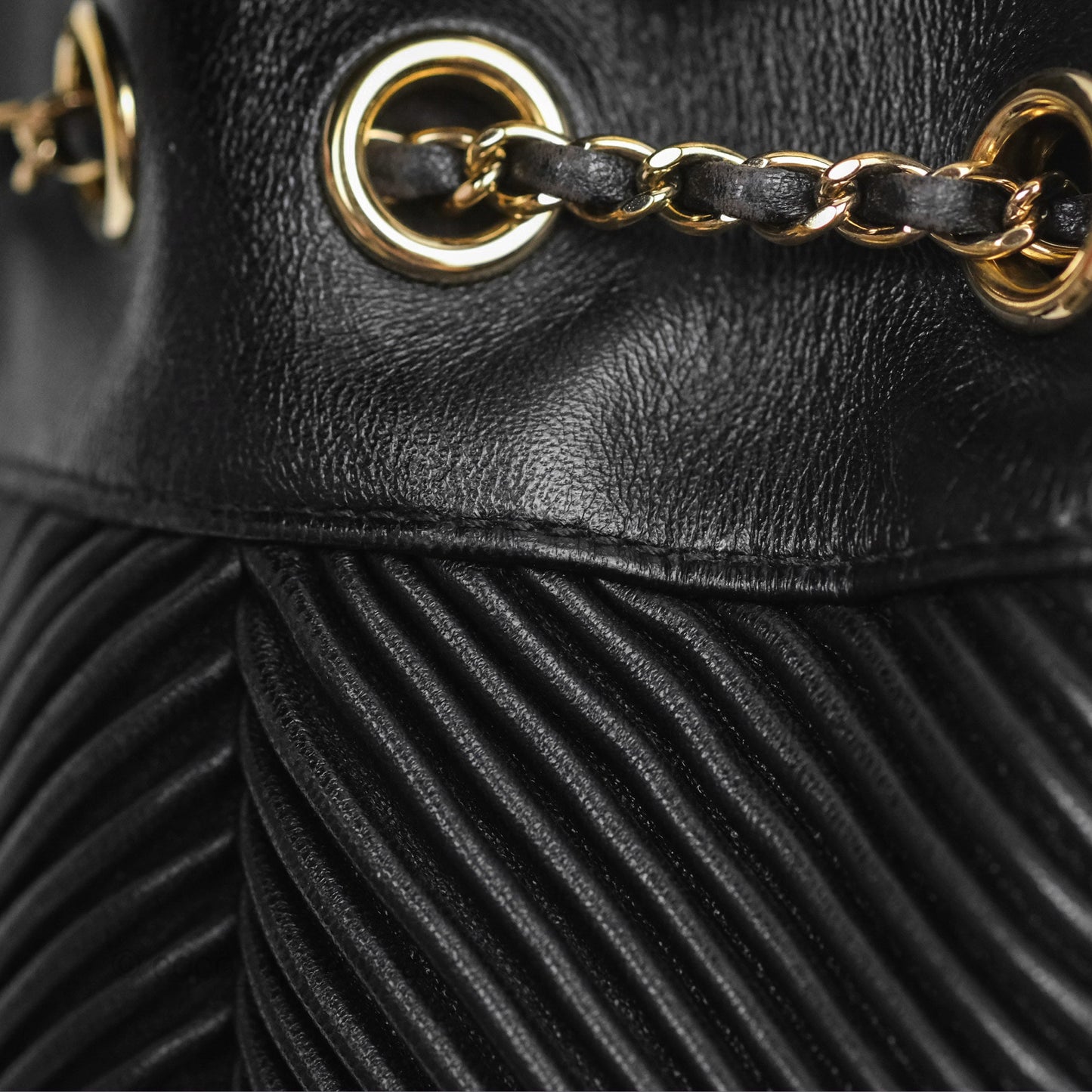 Chanel CC Chain Drawstring Bucket Bag Chevron Black Lambskin Gold Hardware