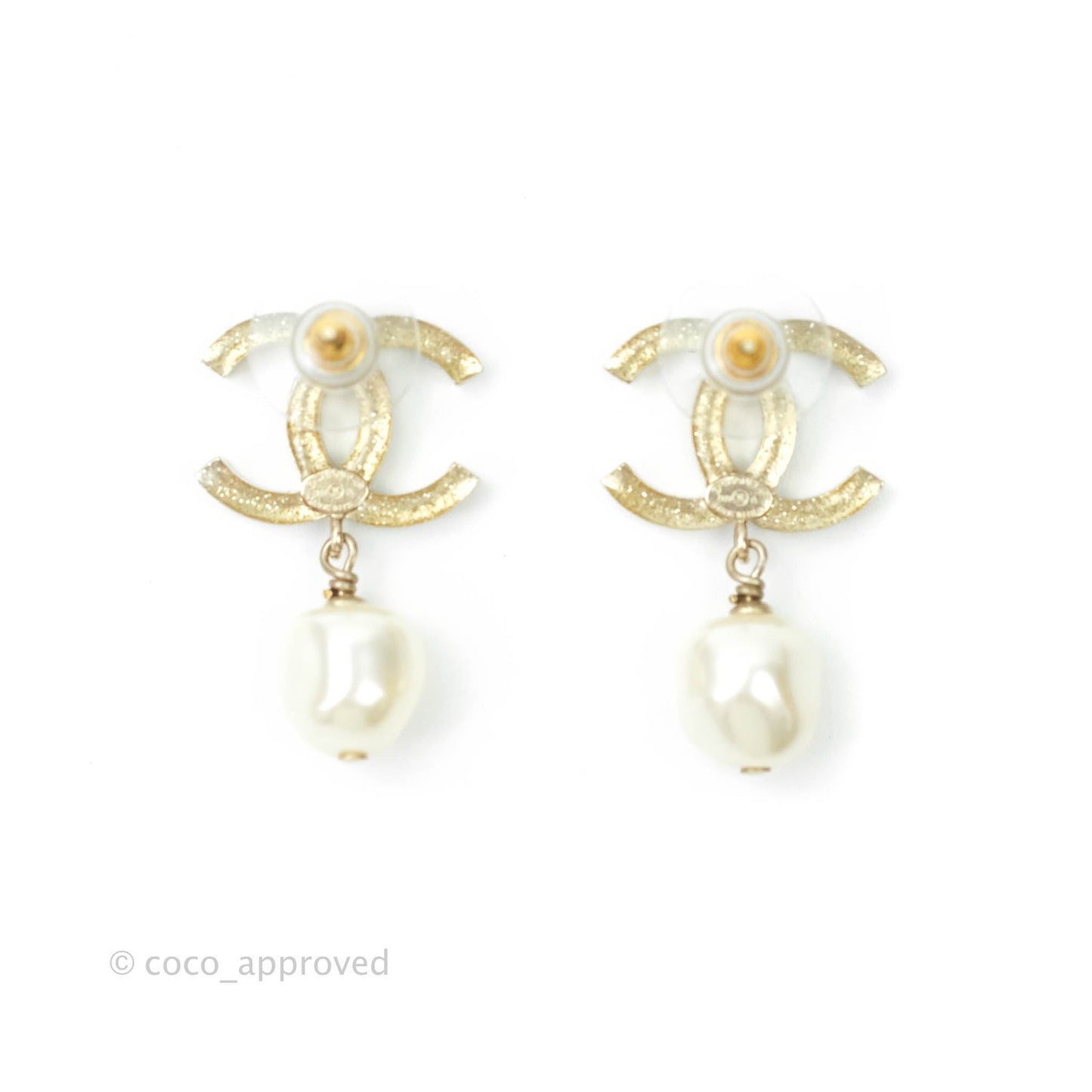 Chanel CC Crystal Drop Pearl Earrings Gold Tone 12A