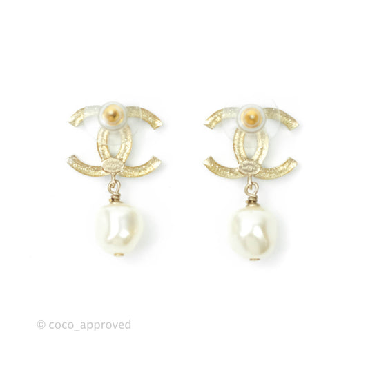 Chanel CC Crystal Drop Pearl Earrings Gold Tone 12A