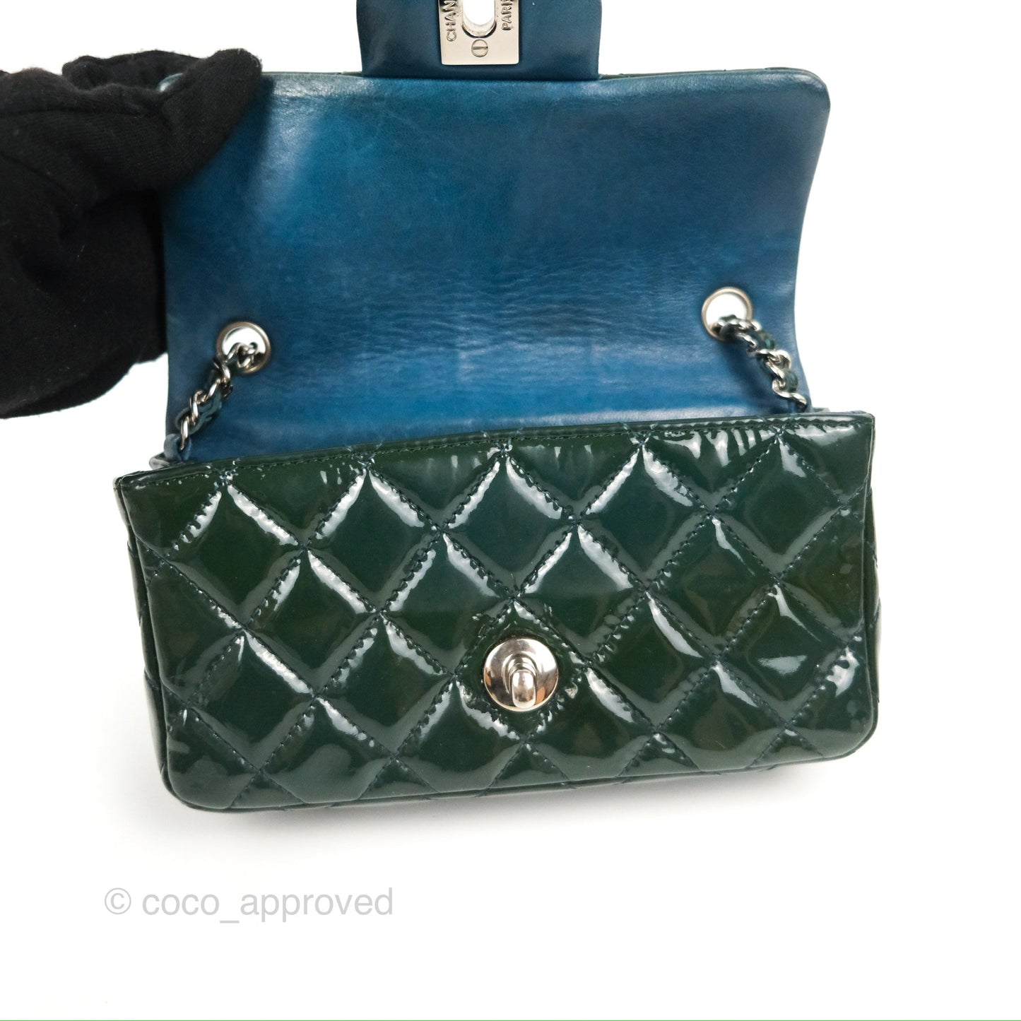 Chanel Quilted Extra Mini Rectangular Flap Teal Patent Silver Hardware