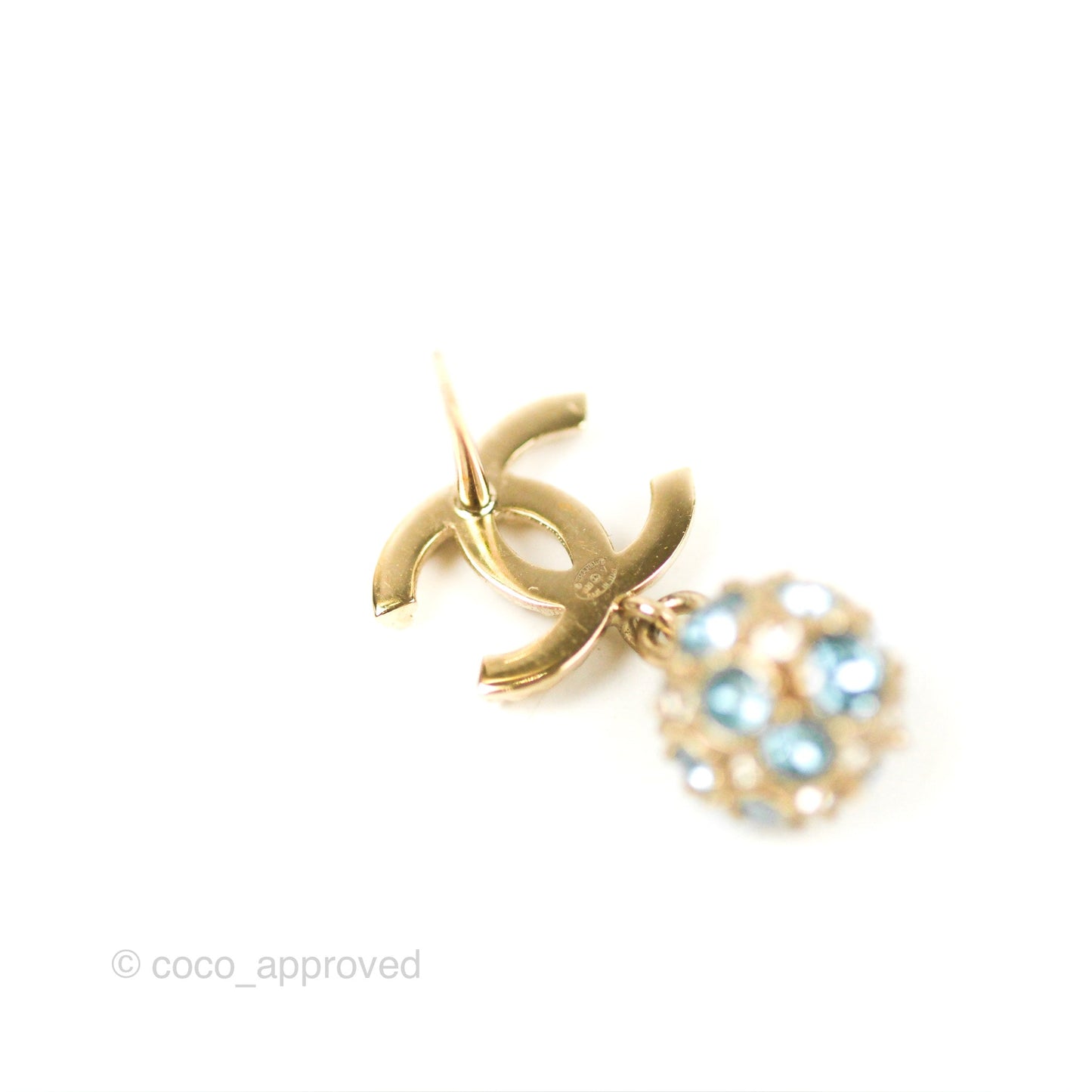 Chanel CC Blue Crystal Drop Earrings Gold Tone 20V