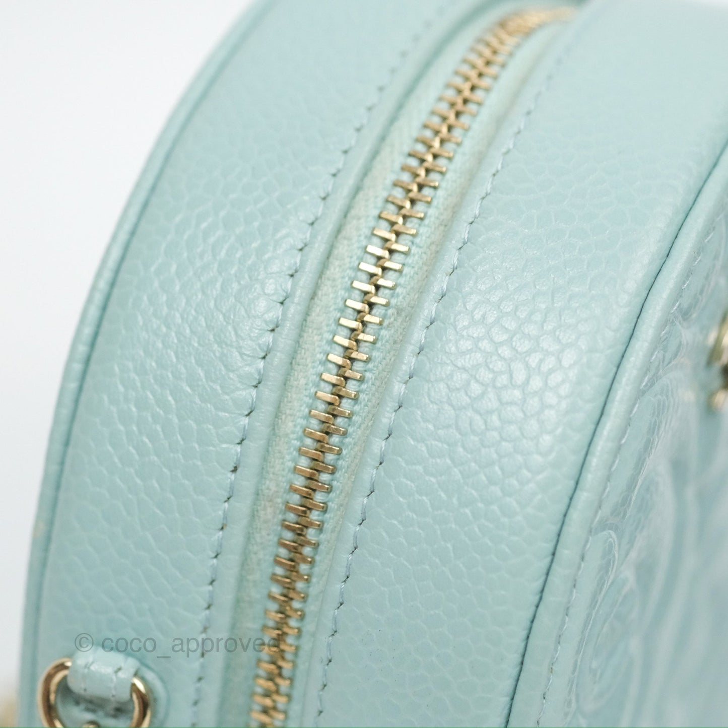 Chanel Camellia Embossed Round Clutch With Chain Light Tiffany Blue Caviar