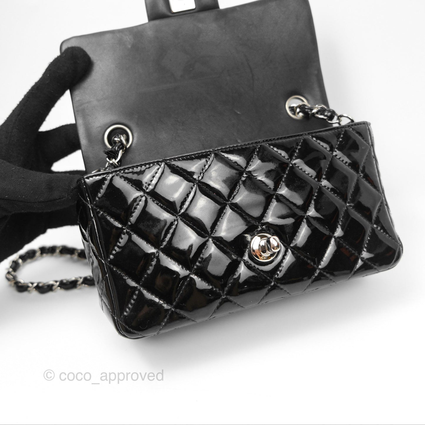 Chanel Quilted Mini Rectangular Flap Black Patent Silver Hardware