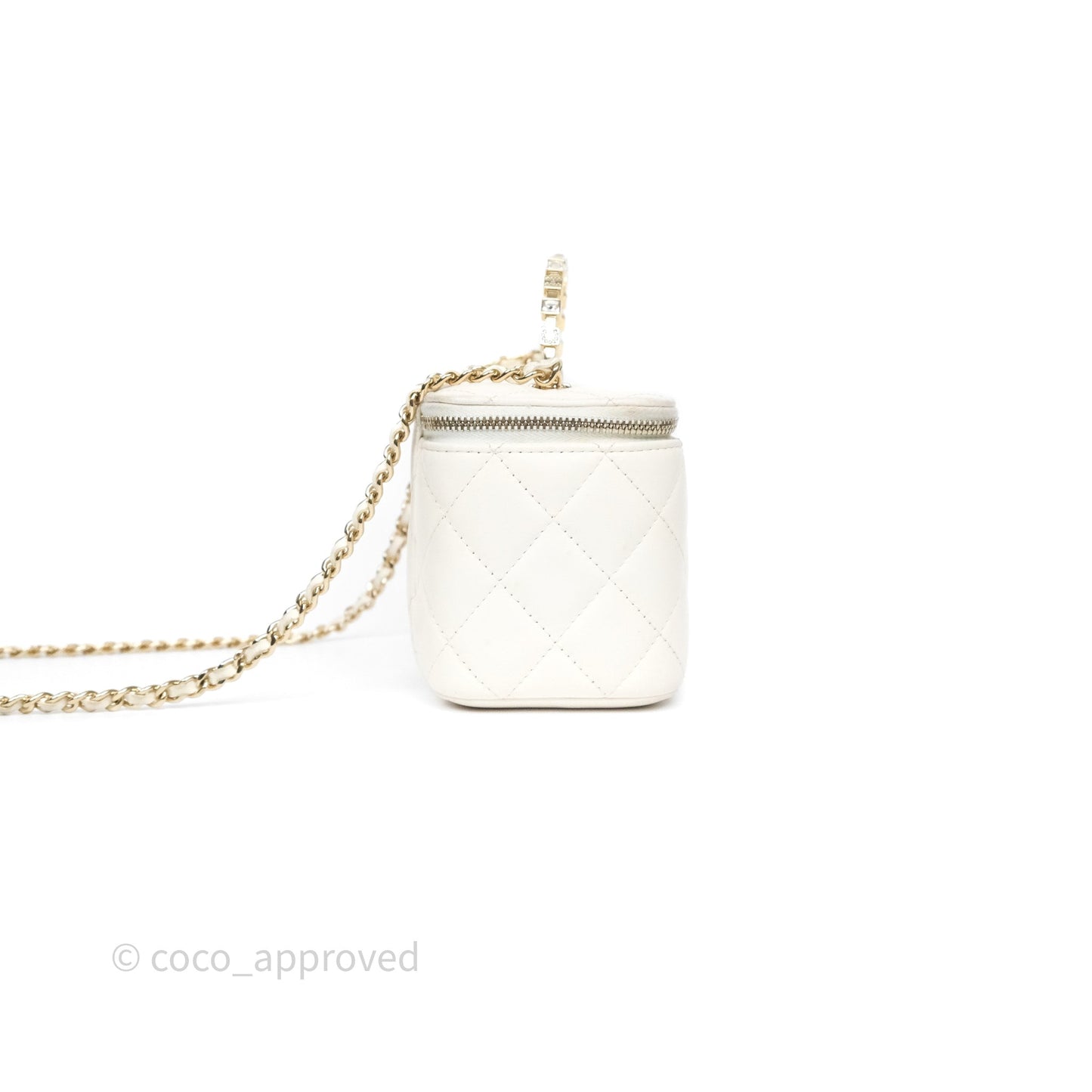Chanel Logo Crystals Top Handle Vanity Rectangular White Lambskin Gold Hardware