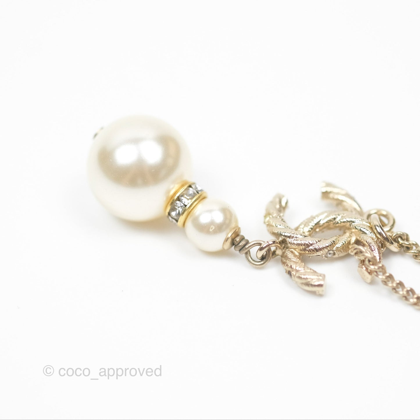 Chanel Crystal Pearl CC Drop Necklace Gold Tone 18B
