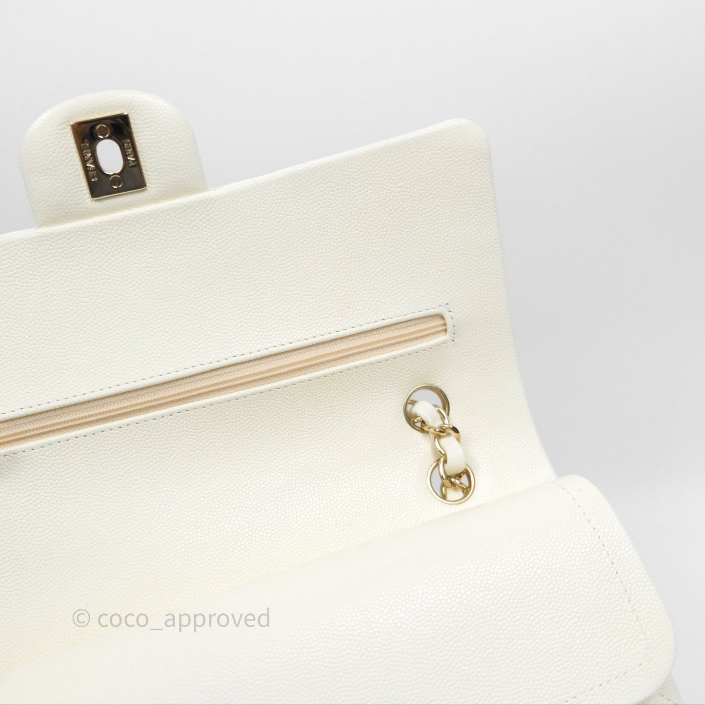 Chanel Classic M/L Medium Flap Quilted Ivory White Caviar Gold Hardware