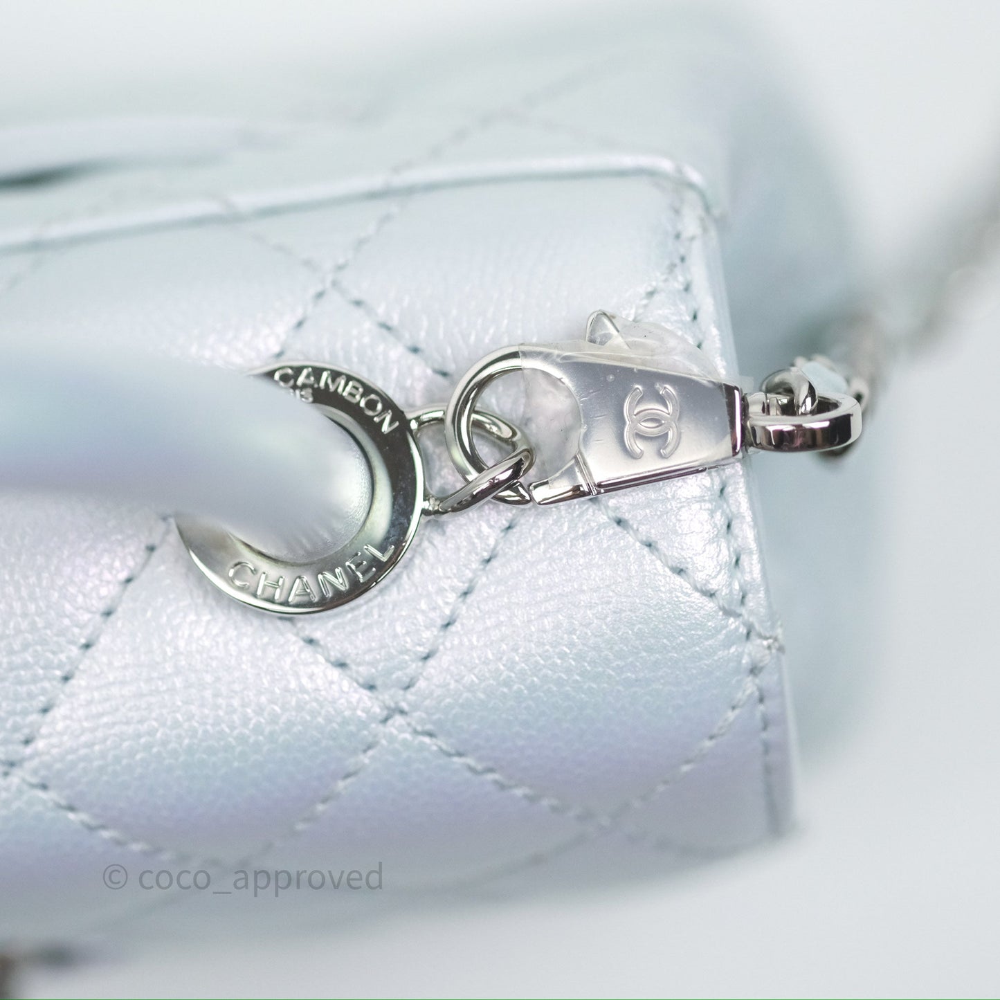 Chanel Mini Coco Handle Quilted Iridescent Light Blue Caviar Rainbow Hardware