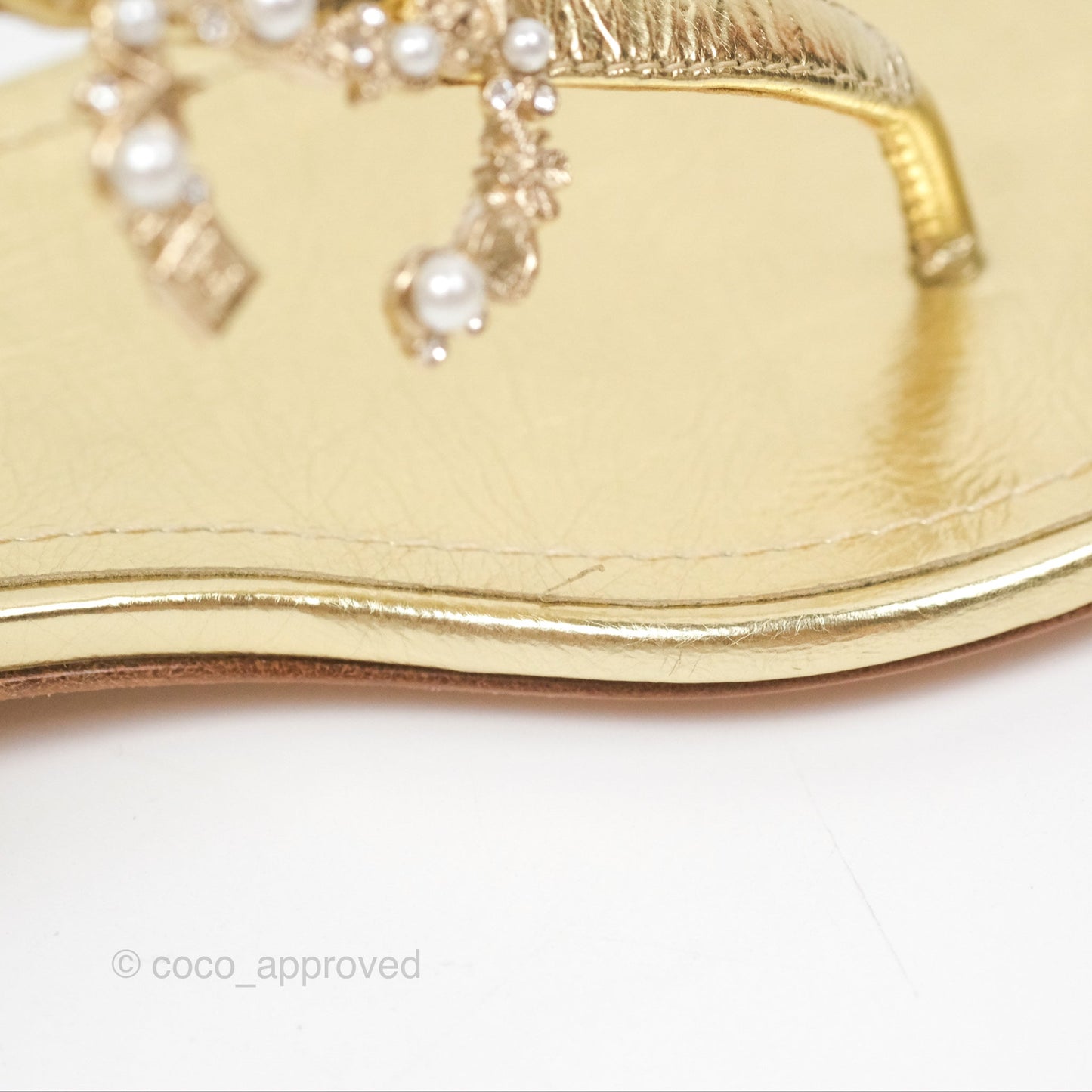 Chanel CC  Gold Metallic Leather Stone Thong Sandals Size 35