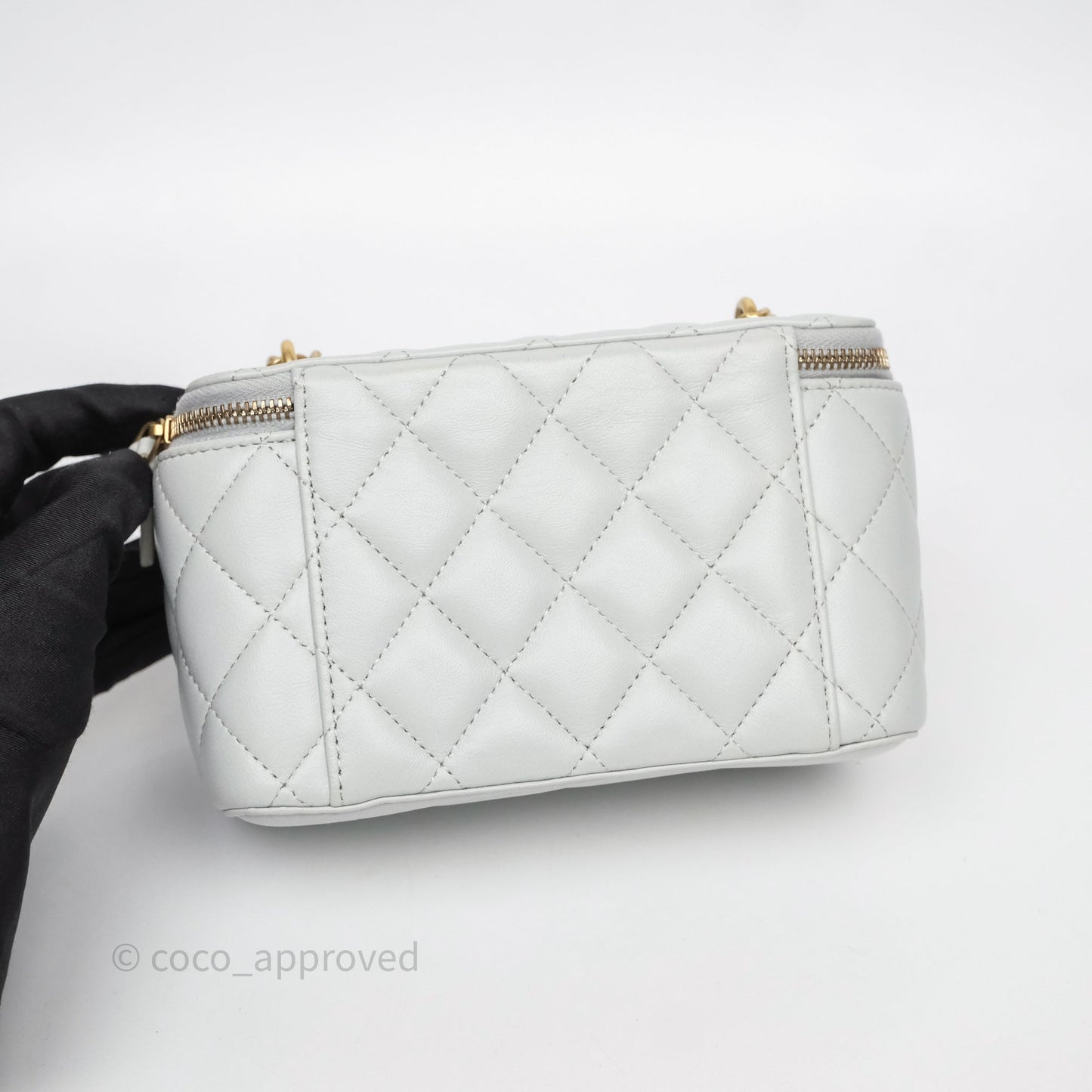 Chanel Quilted Vanity Rectangular with Camellia Adjustable Chain Blue Grey Lambskin Aged Gold Hardware