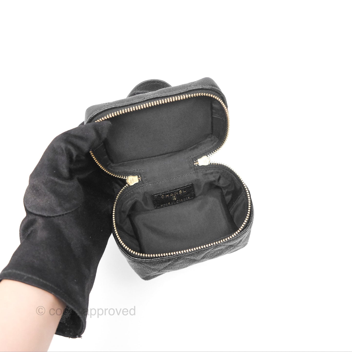 Chanel Quilted Mini Top Handle Vanity With Chain Black Caviar Aged Gold Hardware