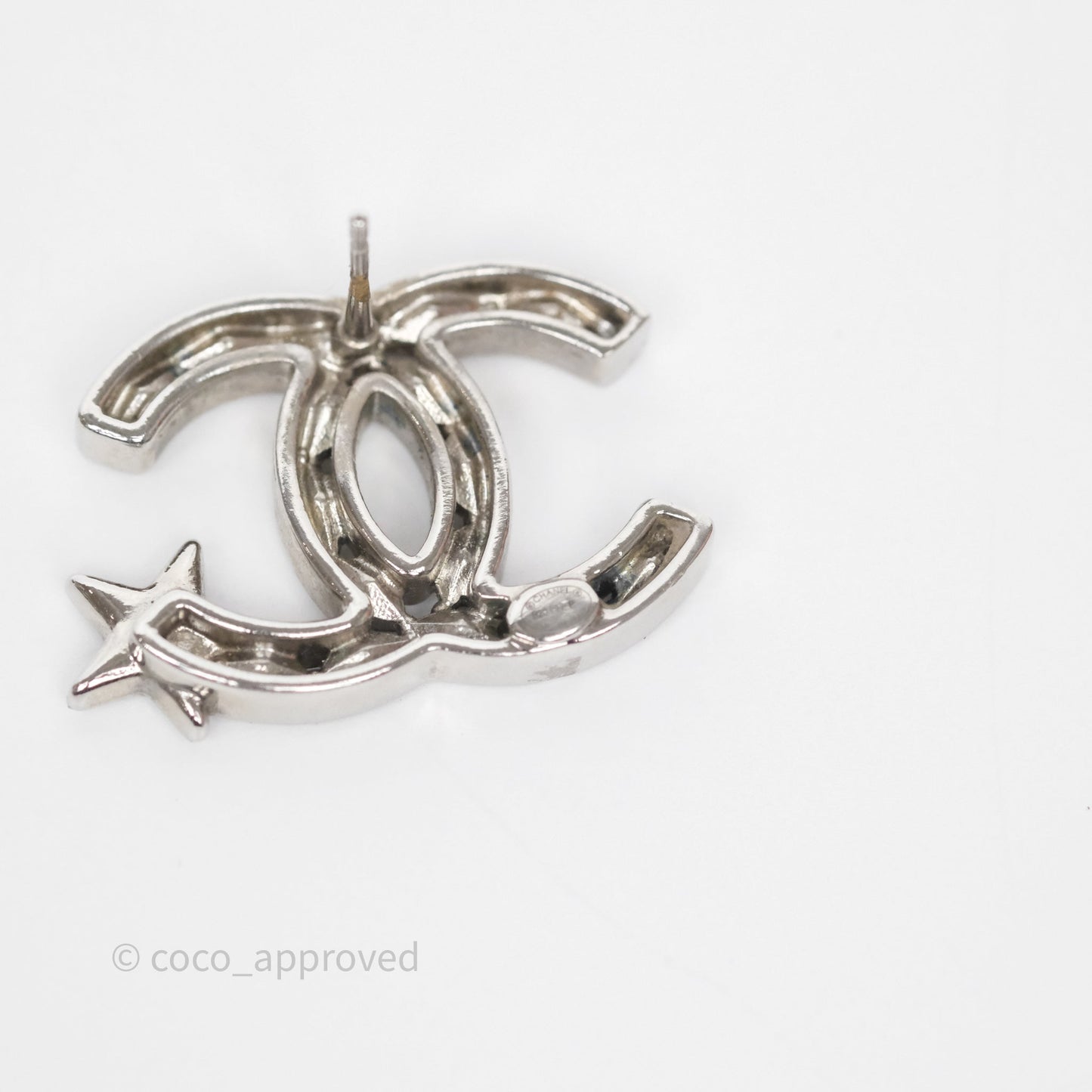 Chanel Crystal CC Star Earrings Silver Tone 20P
