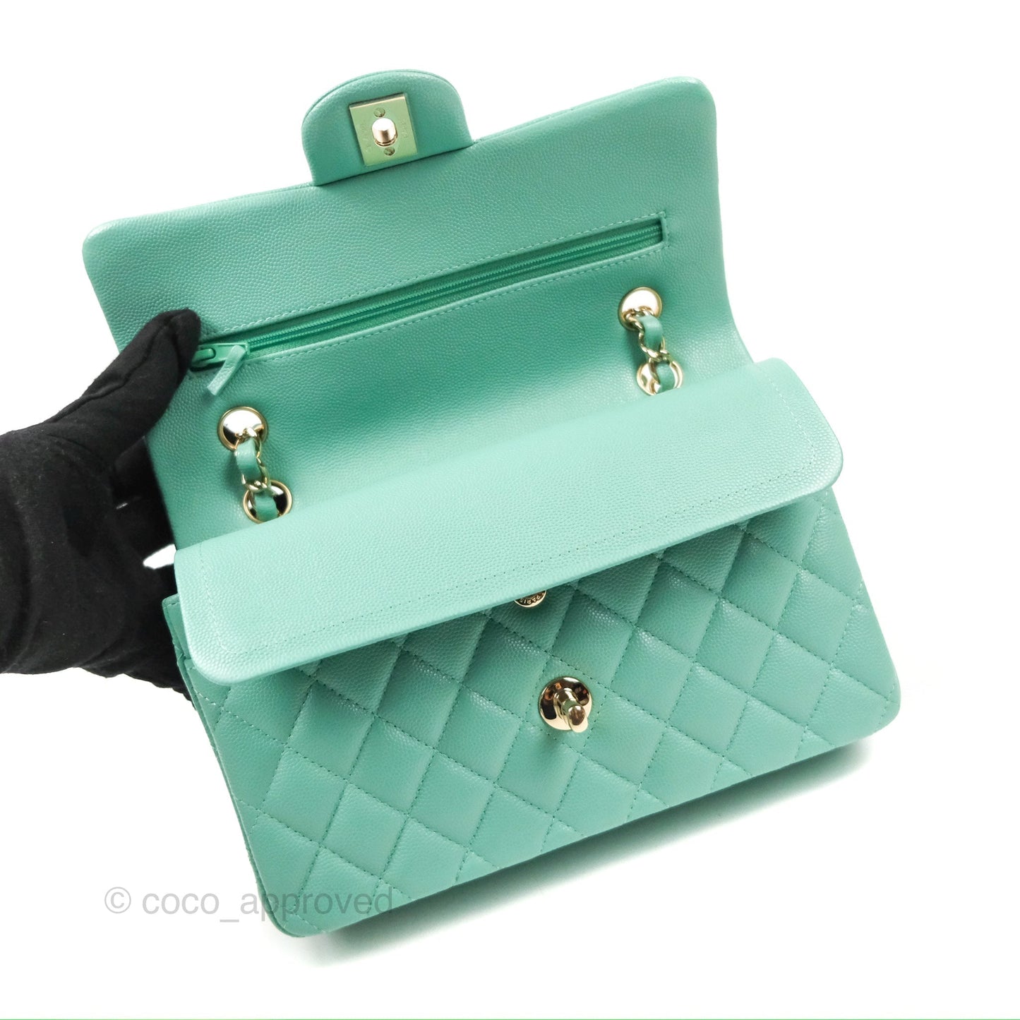 Chanel Small Classic Quilted Flap Tiffany Green Caviar Gold Hardware