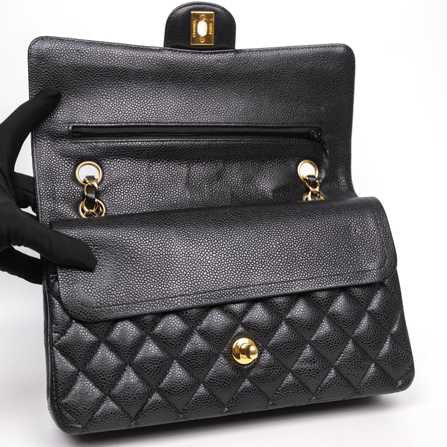 Chanel Classic M/L Medium Flap Quilted Black Caviar Gold Hardware