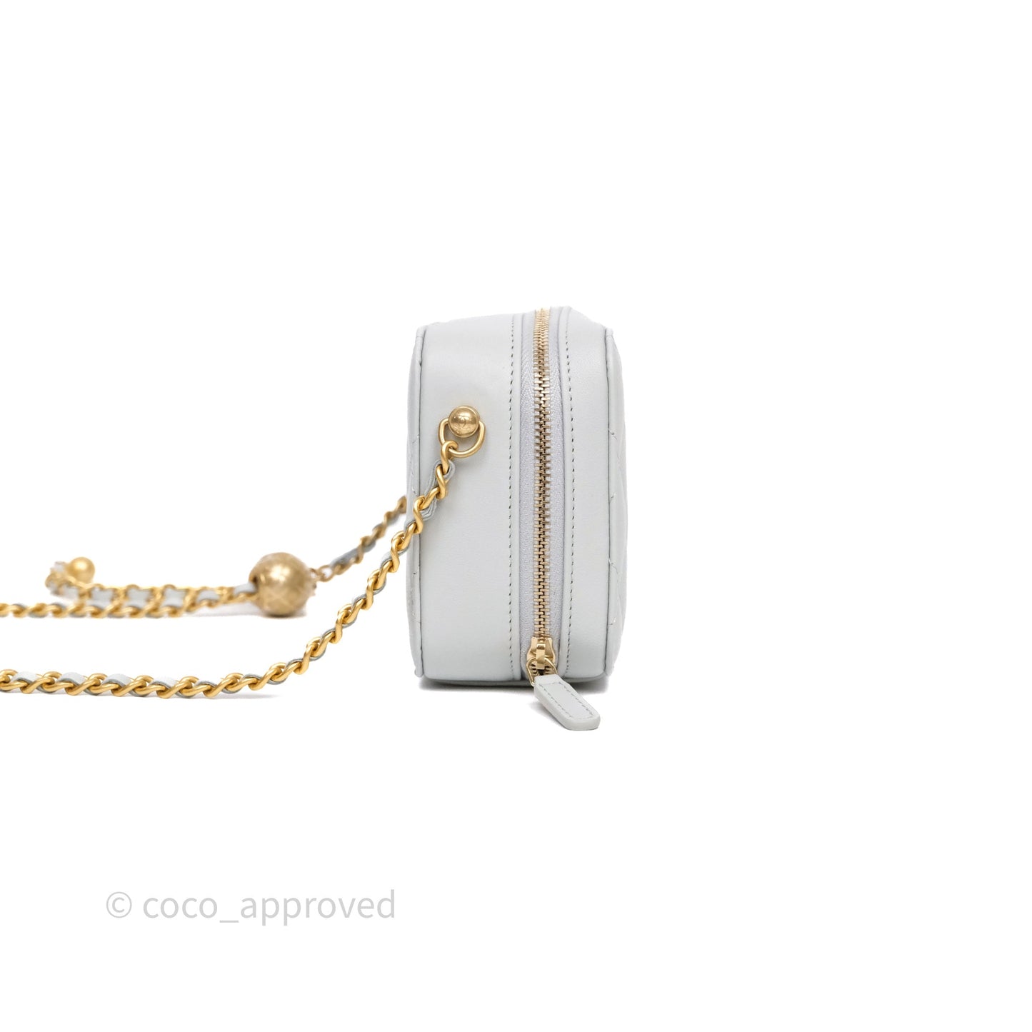 Chanel Quilted CC Pearl Crush Camera Case Light Blue Grey Lambskin Aged Gold Hardware