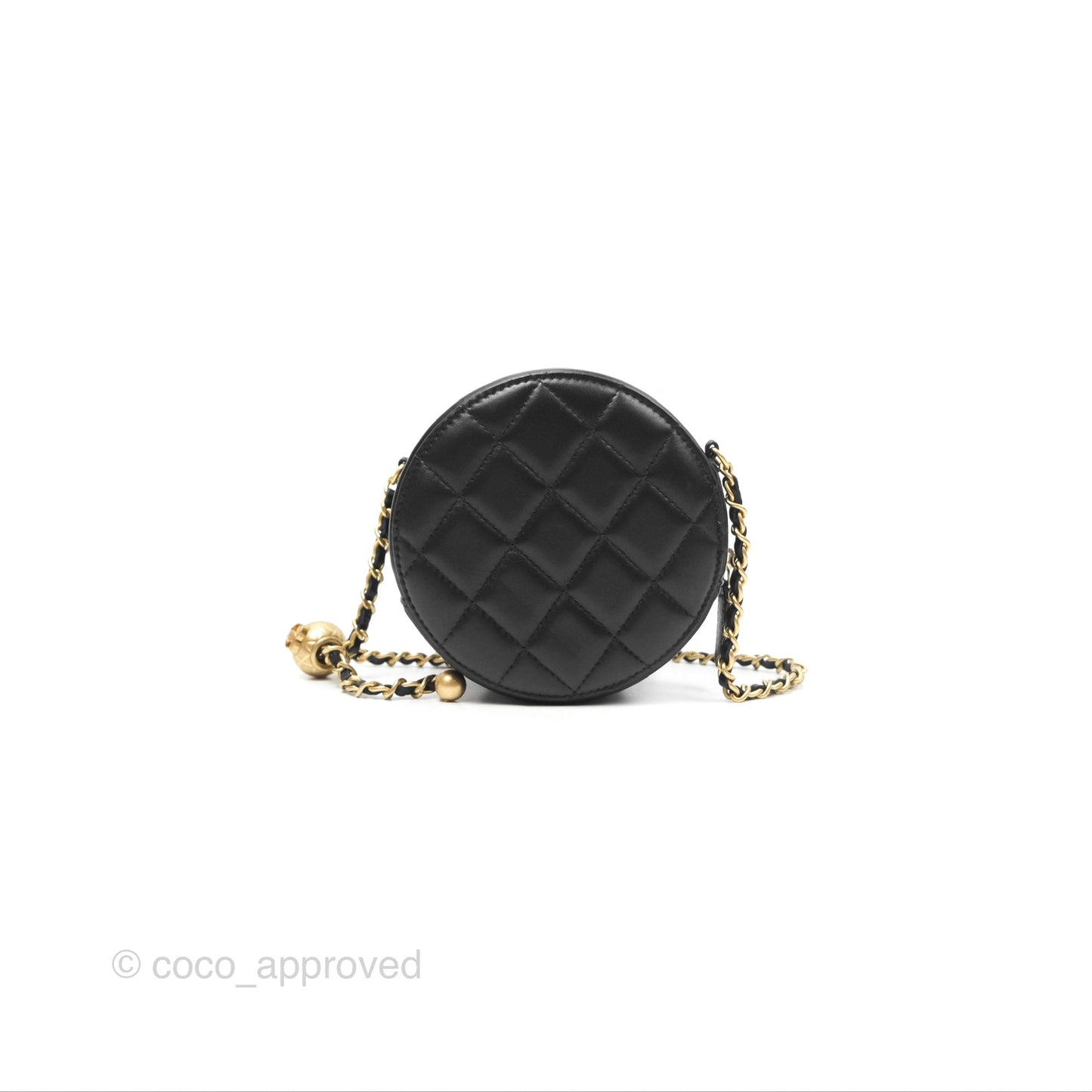 Chanel Quilted Round Pearl Crush Clutch With Chain Black Lambskin Aged Gold Hardware