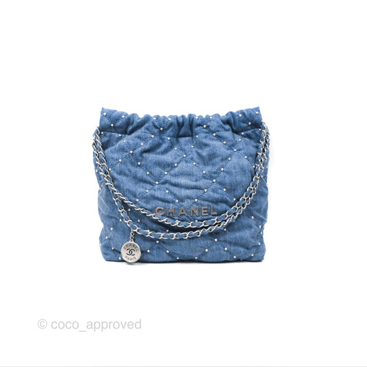 Chanel 22 Small Pearl Studded Denim Silver Hardware