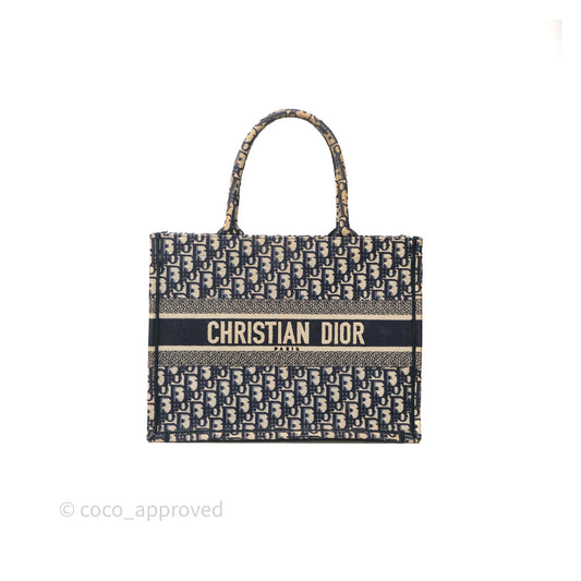 Christian Dior Medium Blue (Old Small) Dior Oblique Embroidery Canvas Book Tote