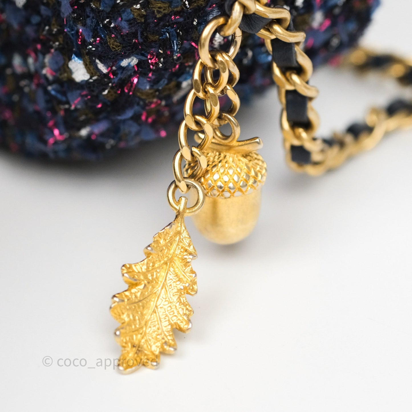Chanel Charms Round Clutch With Chain Navy Purple Tweed Aged Gold Hardware