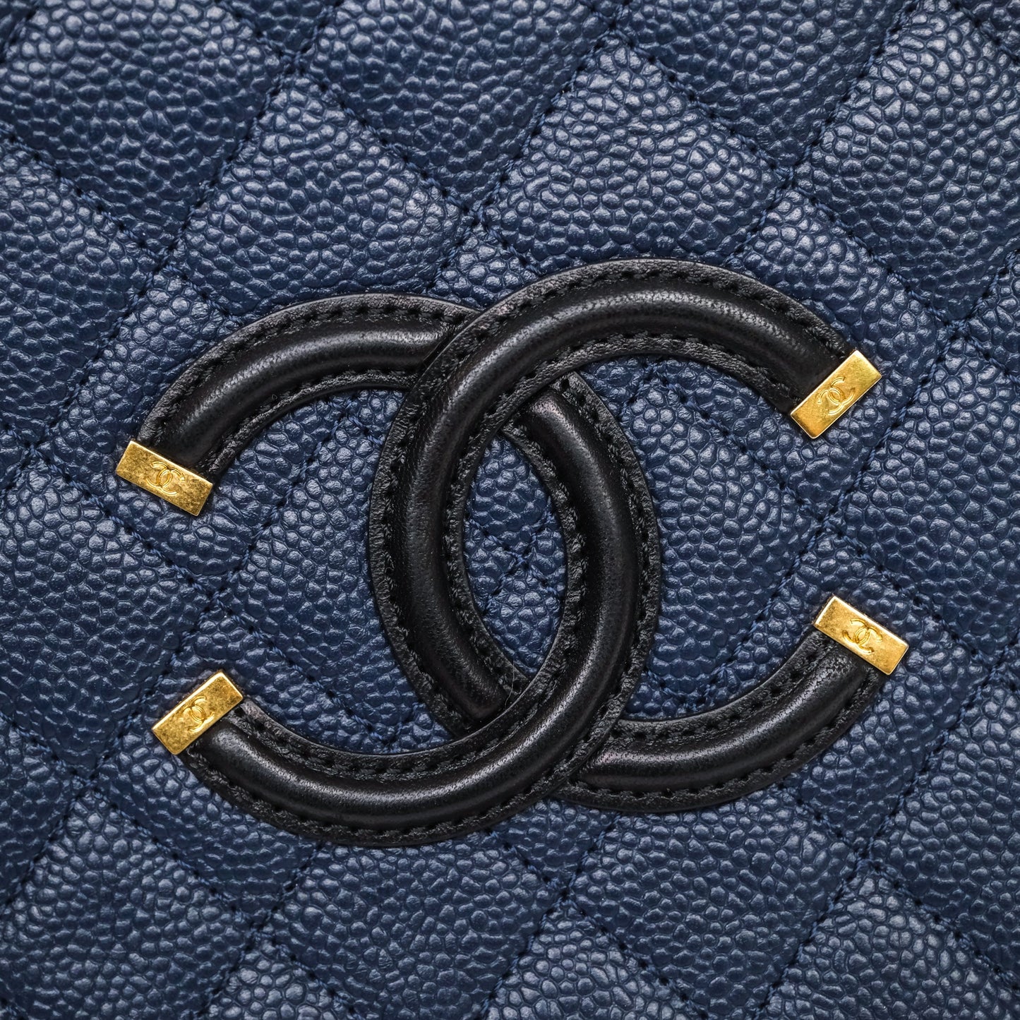 Chanel Quilted Large CC Filigree Vanity Case Navy Black Caviar Aged Gold Hardware