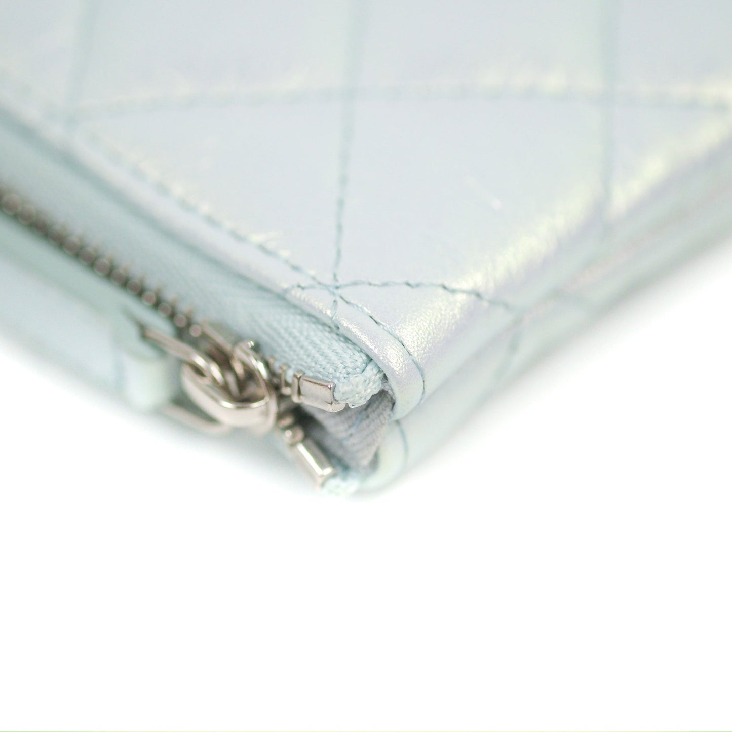 Chanel Quilted Mini O Case Iridescent Icy Blue Calfskin Silver Hardware