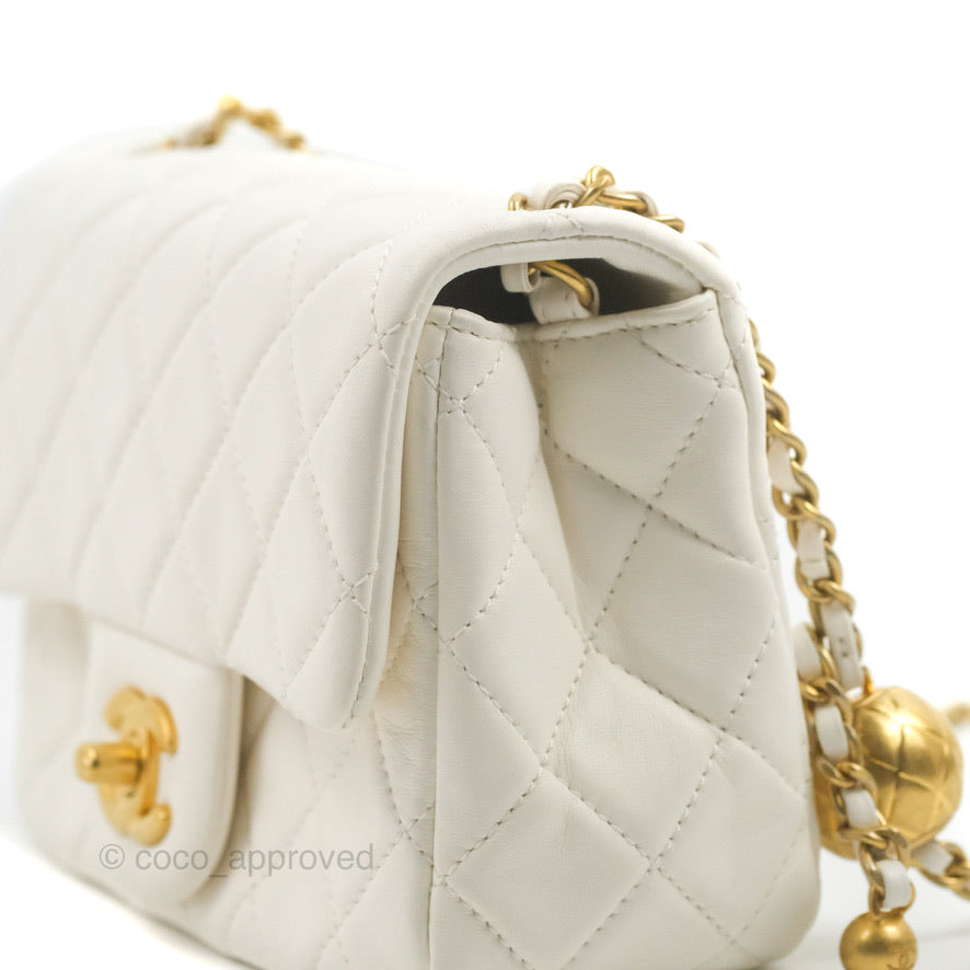 Chanel Mini Square Pearl Crush Quilted White Lambskin Aged Gold Hardware