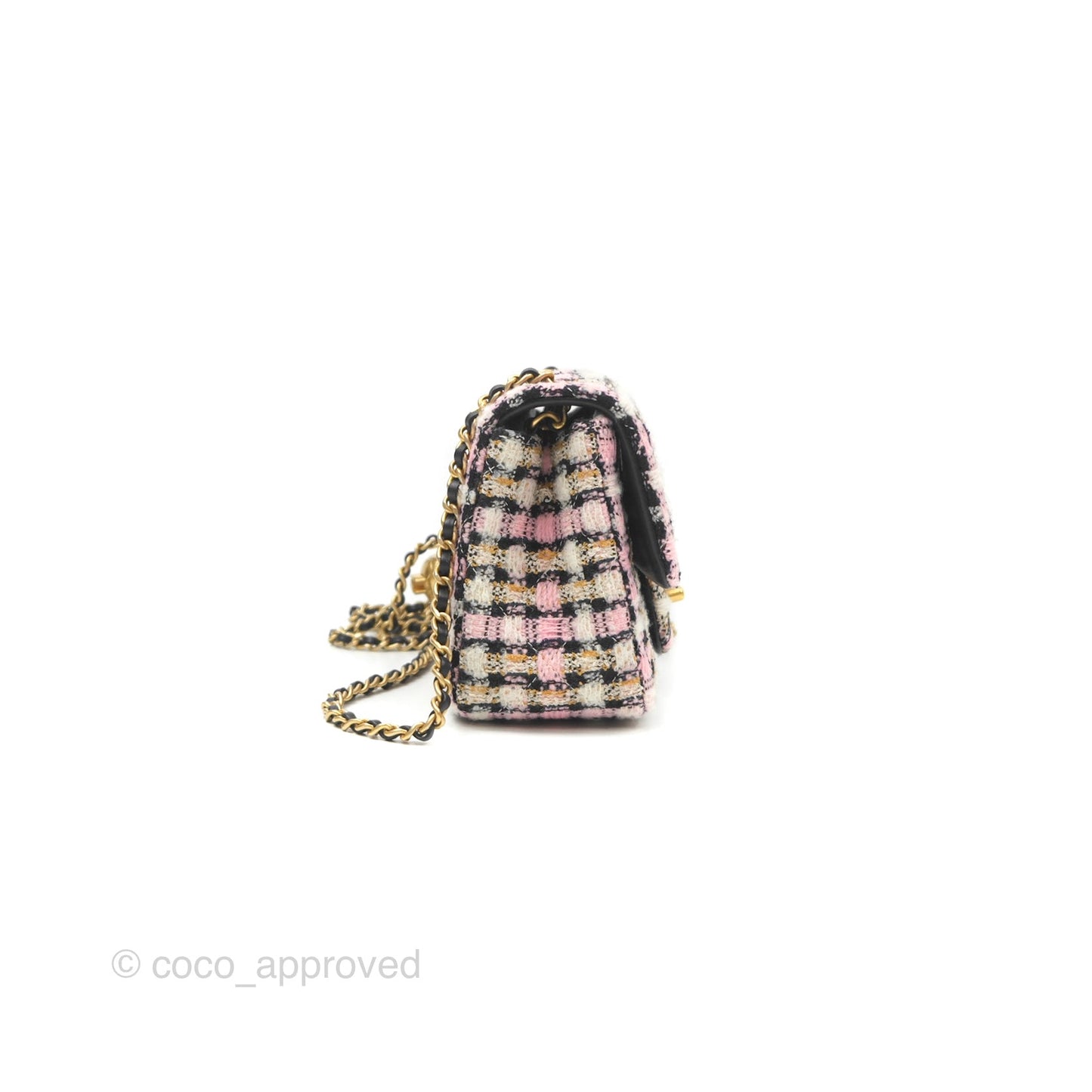 Chanel Pearl Crush Mini Square Quilted Pink Tweed Aged Gold Hardware