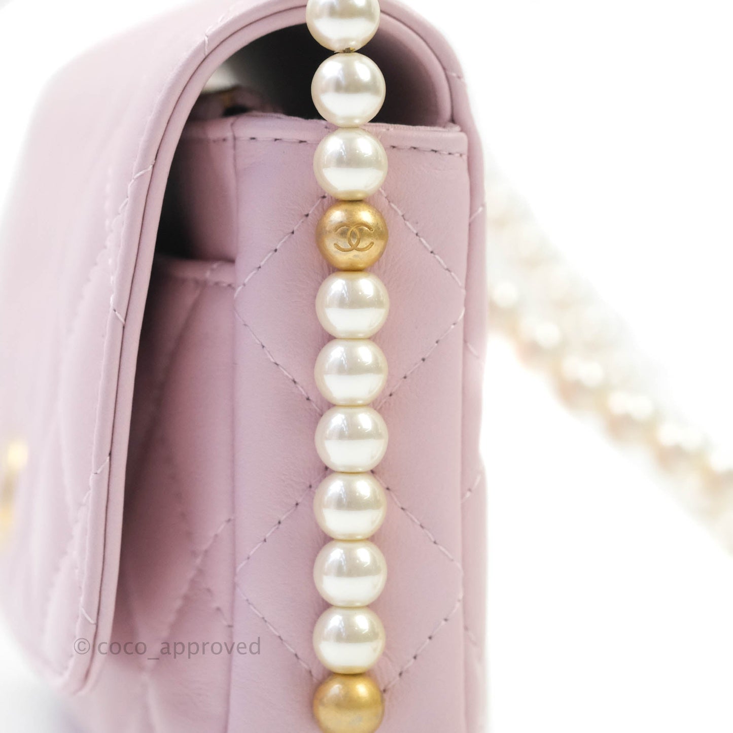Chanel Quilted Wallet On Chain WOC With Pearl Chain Pink Aged Gold Hardware