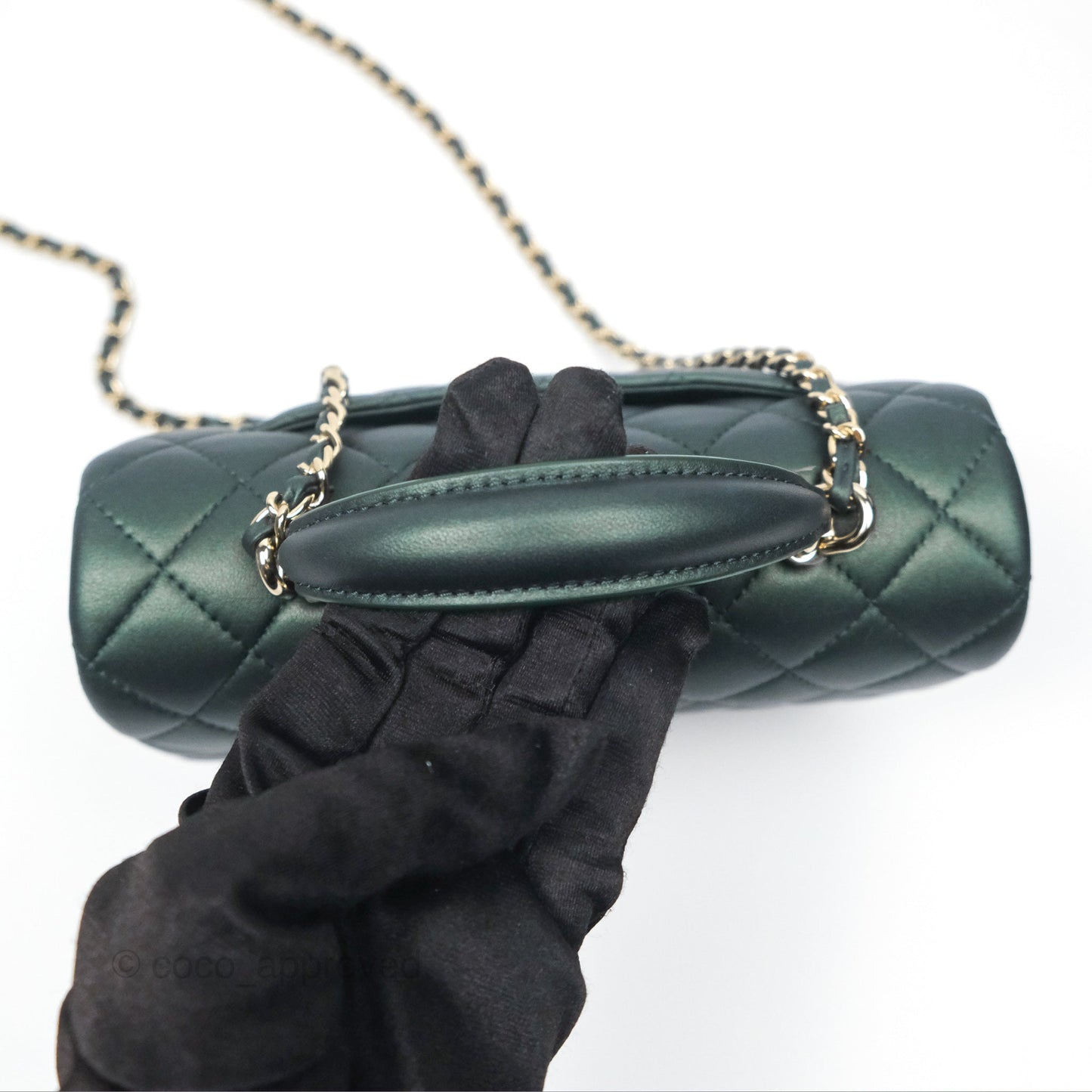 Chanel Top Handle Mini Rectangular Flap Bag Iridescent Dark Green Lambskin Gold Hardware