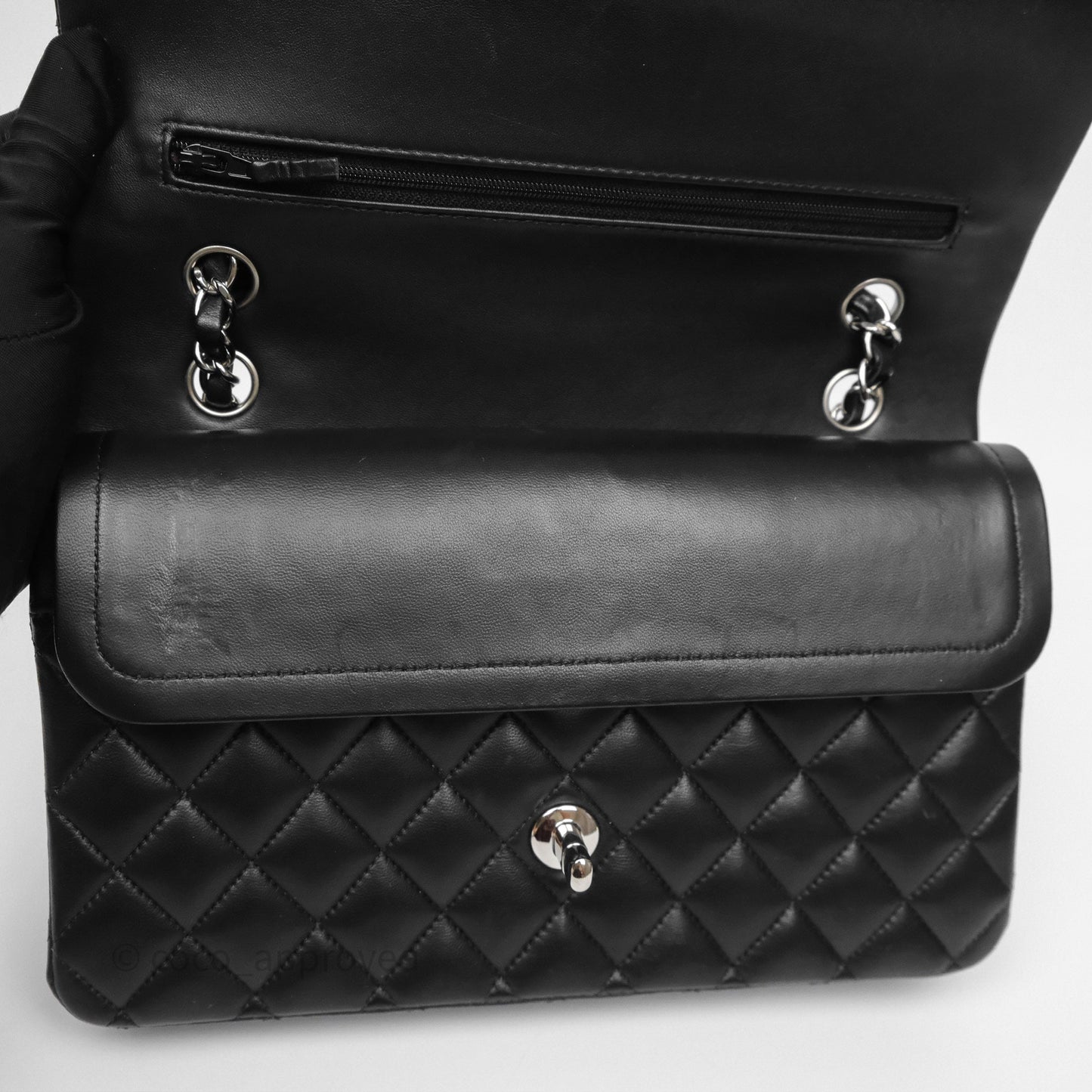 Chanel Classic M/L Medium Flap Quilted Black Lambskin Silver Hardware