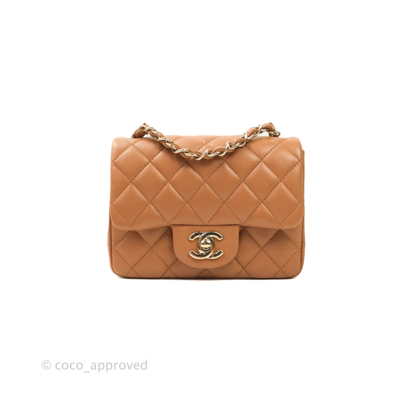 Chanel Classic Quilted Mini Square Caramel Dark Beige Lambskin Gold Hardware