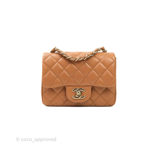 Chanel Classic Quilted Mini Square Caramel Dark Beige Lambskin Gold Hardware