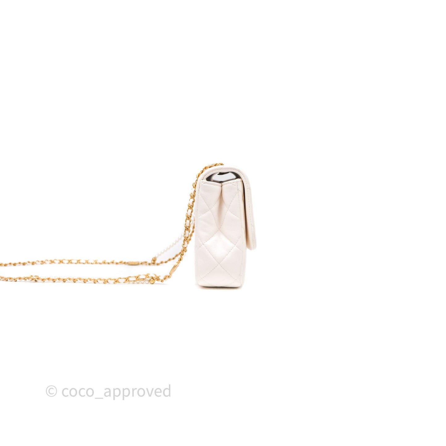 Chanel Flap Bag with Pearl Chain Ivory White Aged Gold Hardware 25P