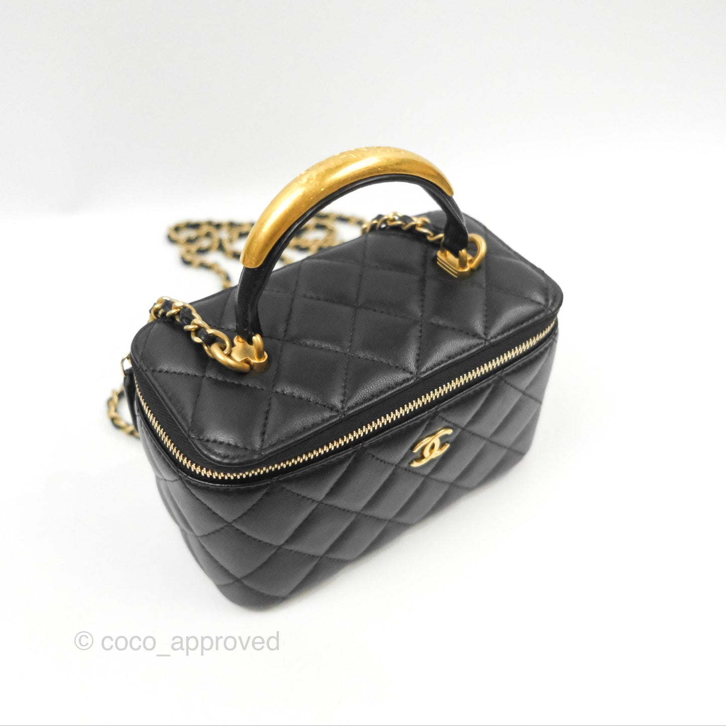 Chanel Vanity Rectangular Metal Top Handle Black Lambskin Aged Gold Hardware 22B