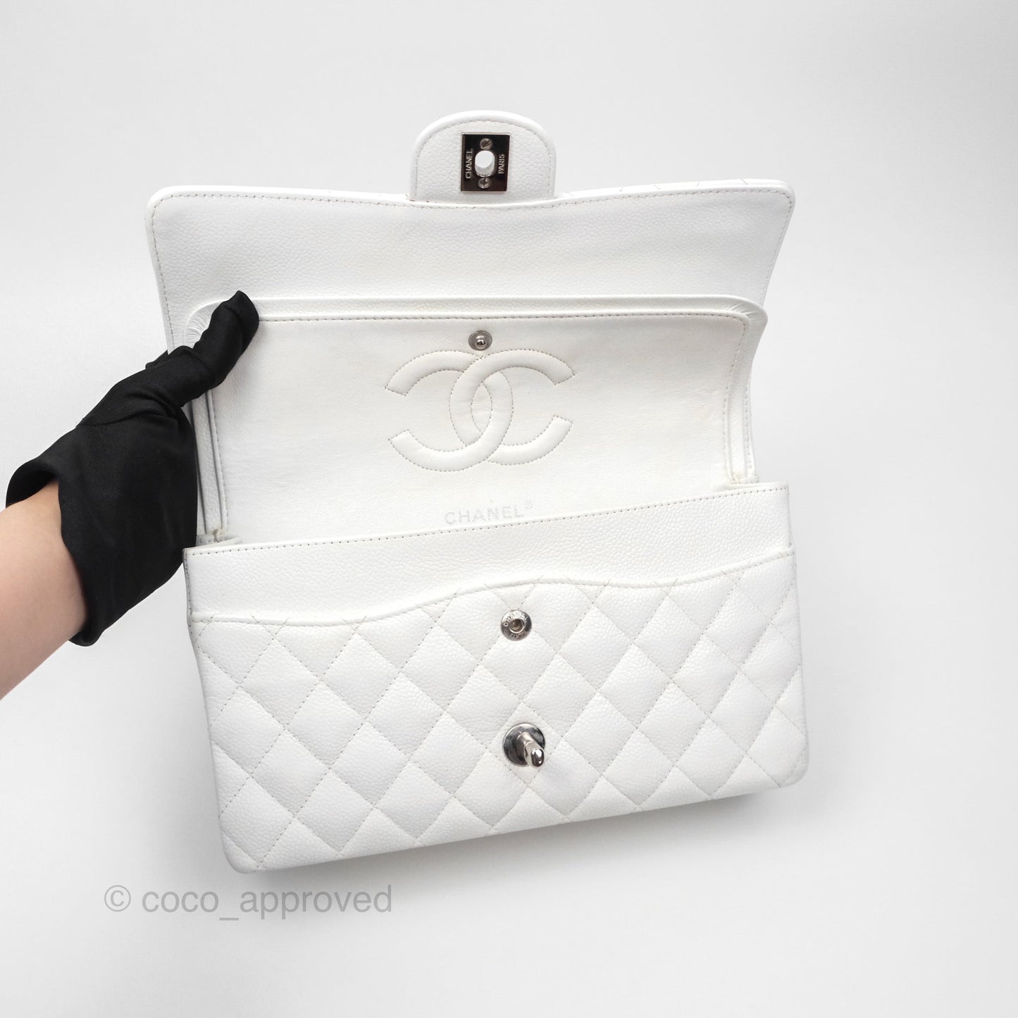 Chanel Classic M/L Medium Double Flap White Caviar Silver Hardware