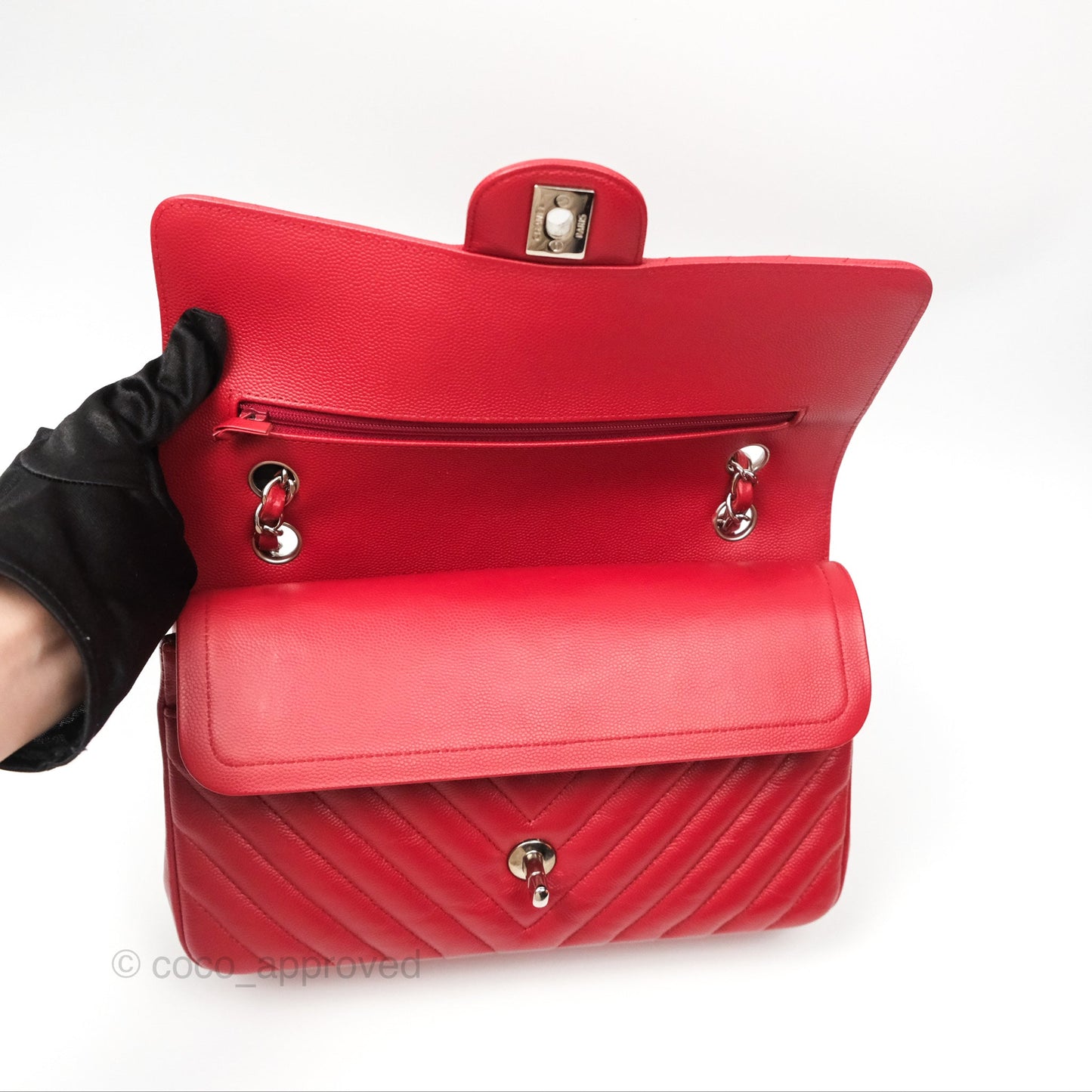 Chanel Medium Classic Flap Chevron Red Caviar Silver Hardware