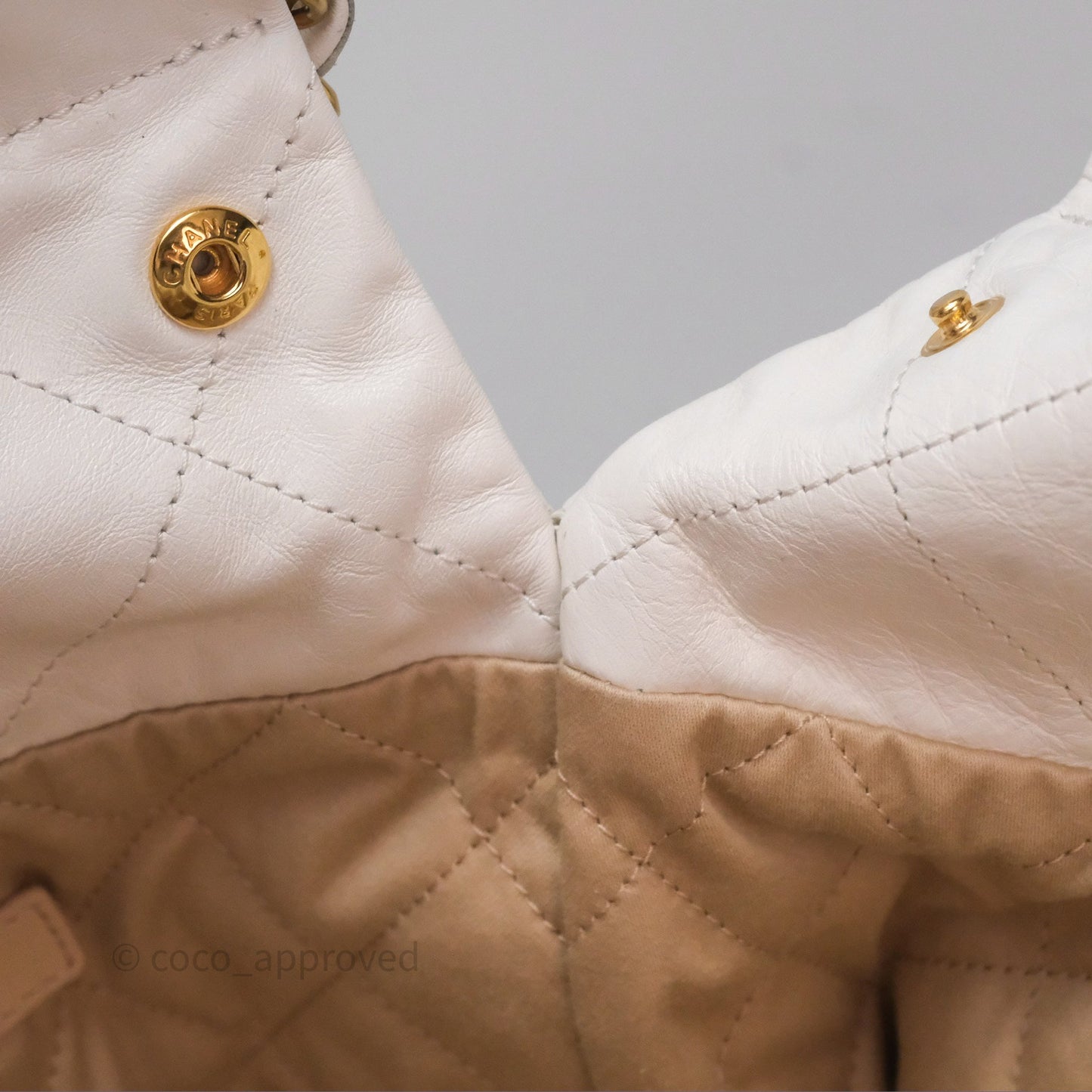 Chanel 22 Small White Shiny Calfskin Aged Gold Hardware